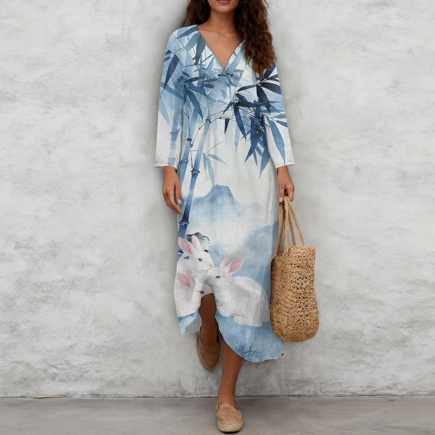 3/4 Sleeves Linen Dress for Women V Neck Loose Midi Dress Elegant Party Holiday Soft Summer Fall Dress