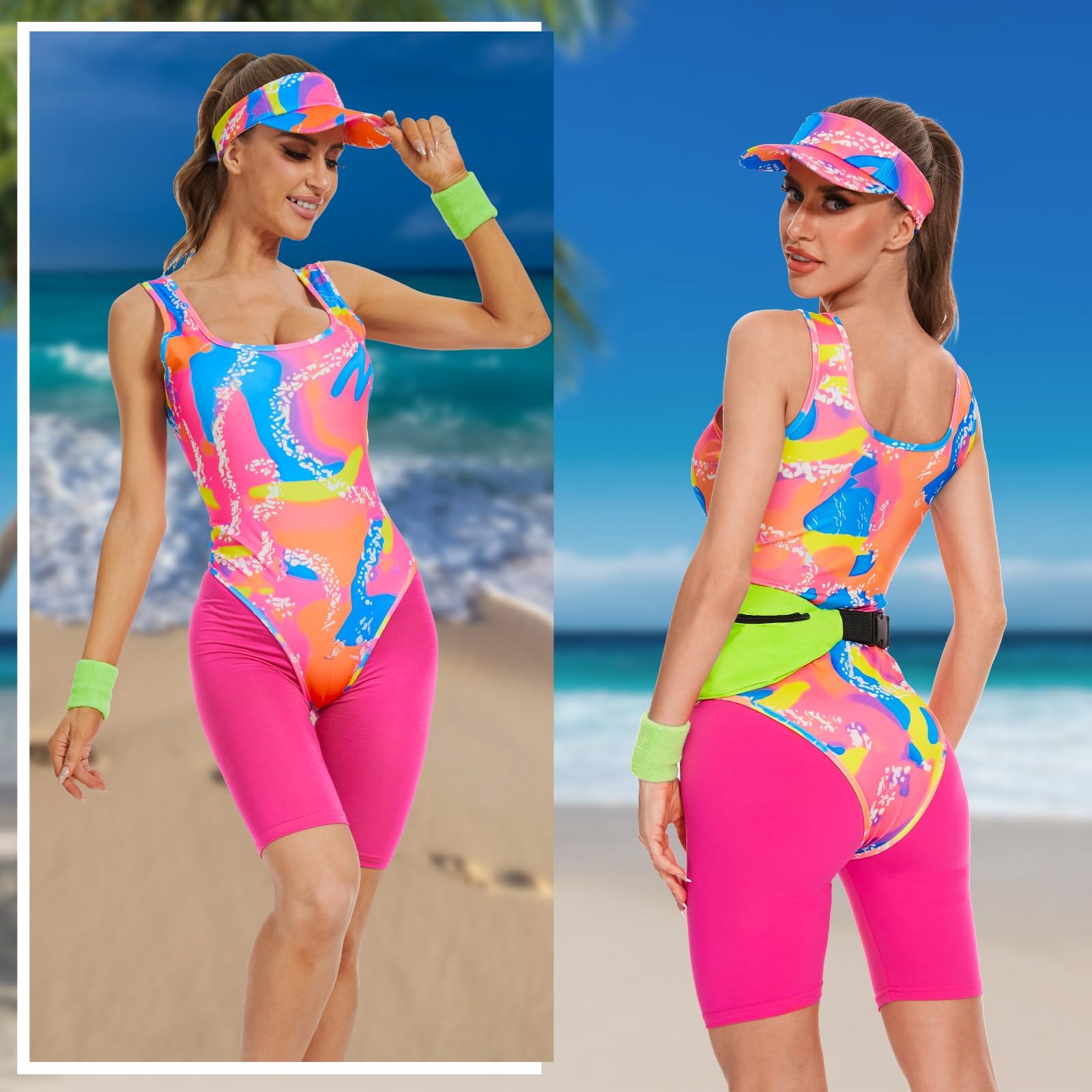 Disfraz de los años 80 para mujer, disfraz de entrenamiento de los años 80, accesorios con riñonera, parasol, muñequera, disfraz de patinaje en películas para Halloween y cosplay