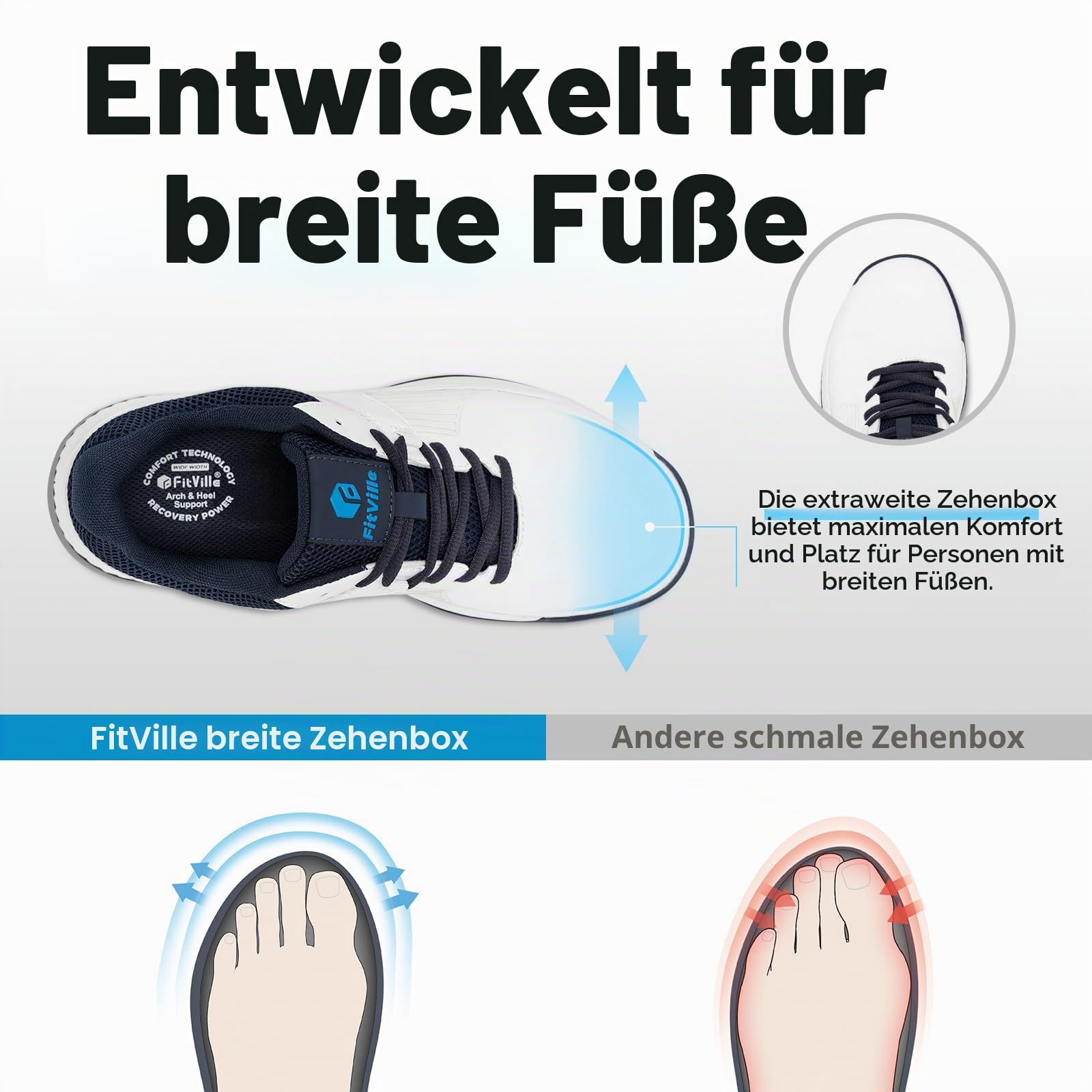 FitVille Herren SpeedEx Golfschuhe V4 Sneaker Extra Weit Walking Schuhe Leichte Bequeme Man Schuhe mit Schnürung atmungsaktive Trainingsschuh für Golf Sport Grau Weiß Gr.40-49