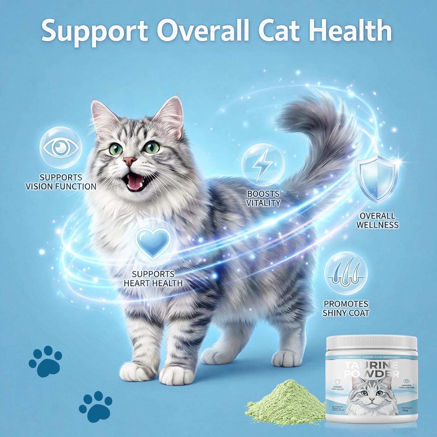 Taurine for Cats - Pure Taurine Powder for Cats, Support Heart, Vision, Immunity, Energy & Coat Health, Essential Amino Acid for Cat Wellness for All Ages, 180g