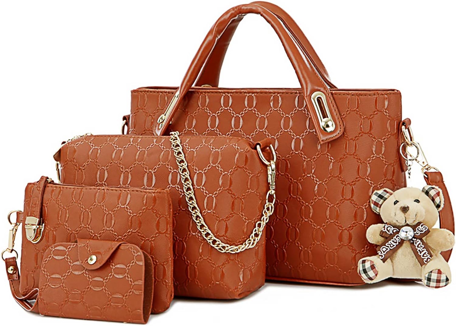 Pahajim Women Handbags PU Leather Fashion tote Removable cute Bear Accessories shoulder Messenger Bags Wallet Card Case 4 Pcs