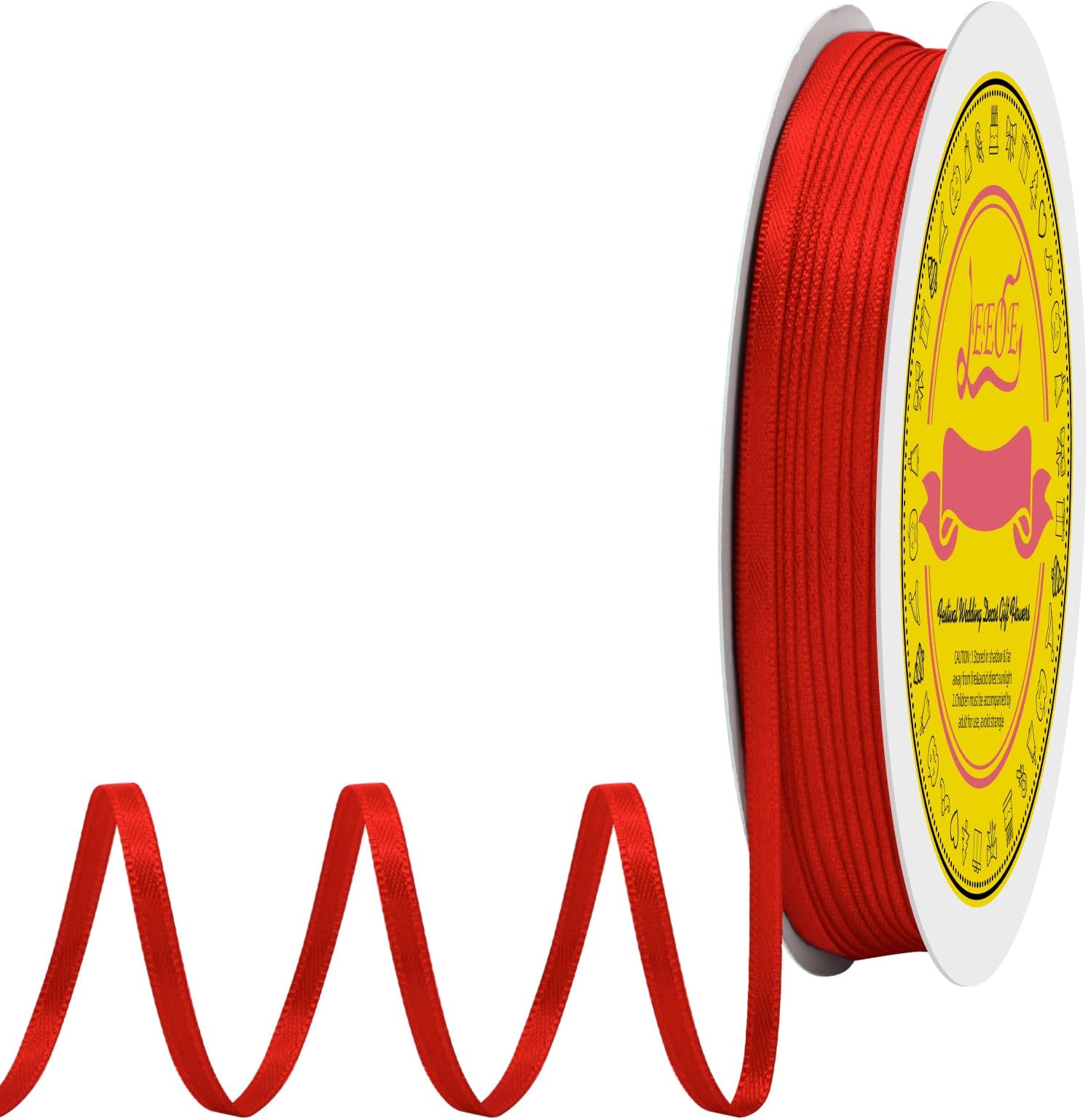 Double Face Red Satin Thin Ribbon 1/8 inch X 100 Yards Polyester Red Ribbon for Gift Wrapping Very Suitable for Weddings Party Hair Bow Invitation Decorations and More