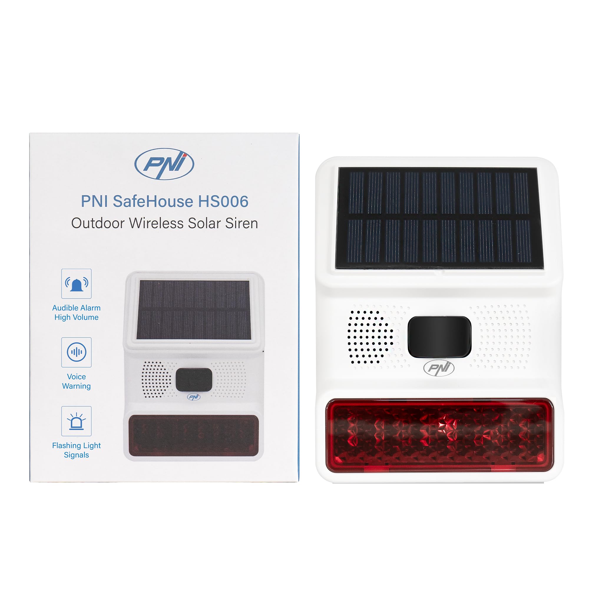 PNI SafeHouse HS006 Sirène extérieure sans Fil avec Chargement ou Via Port USB-C, Batterie 1000 mAh, 100 DB