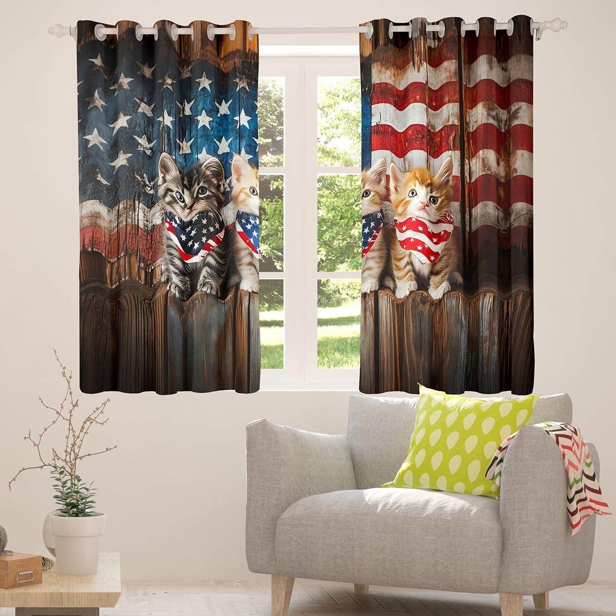 Castle Fairy Cute Cat Pirate Window Curtains American Flag Boys Girls Room Decor Windows Drapes Independence Day Style Grommet Top 2 Panel Set Bedroom Curtains 42x63 Inch Black