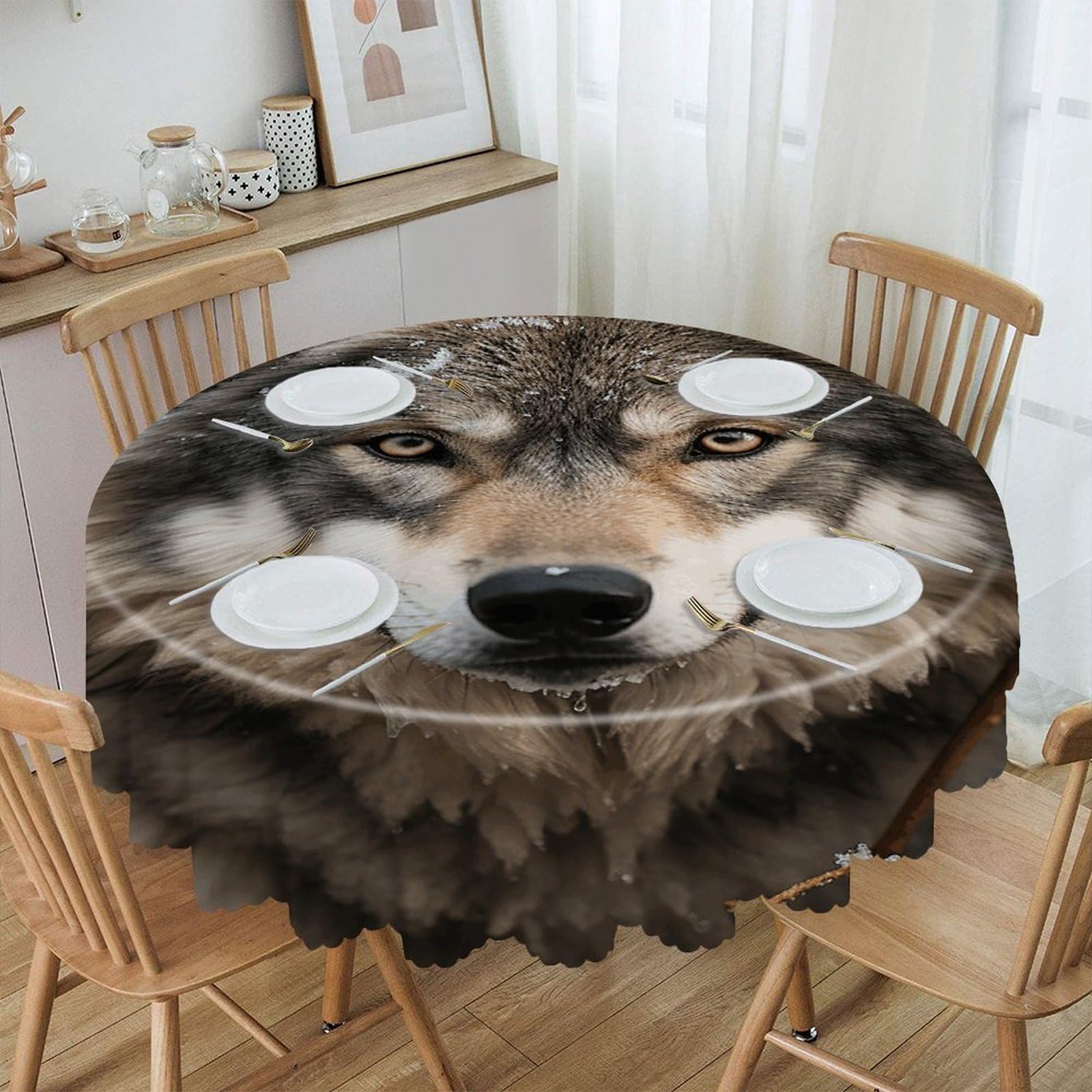 VstaDank Lmage of Wolf in The Snow Round Tablecloth Wipeable Round Polyester Tablecloth Waterproof Wrinkle Free Indoor and Outdoor Table Cover 60 Inch Decorative Farmhouse Table Cloth for Dining