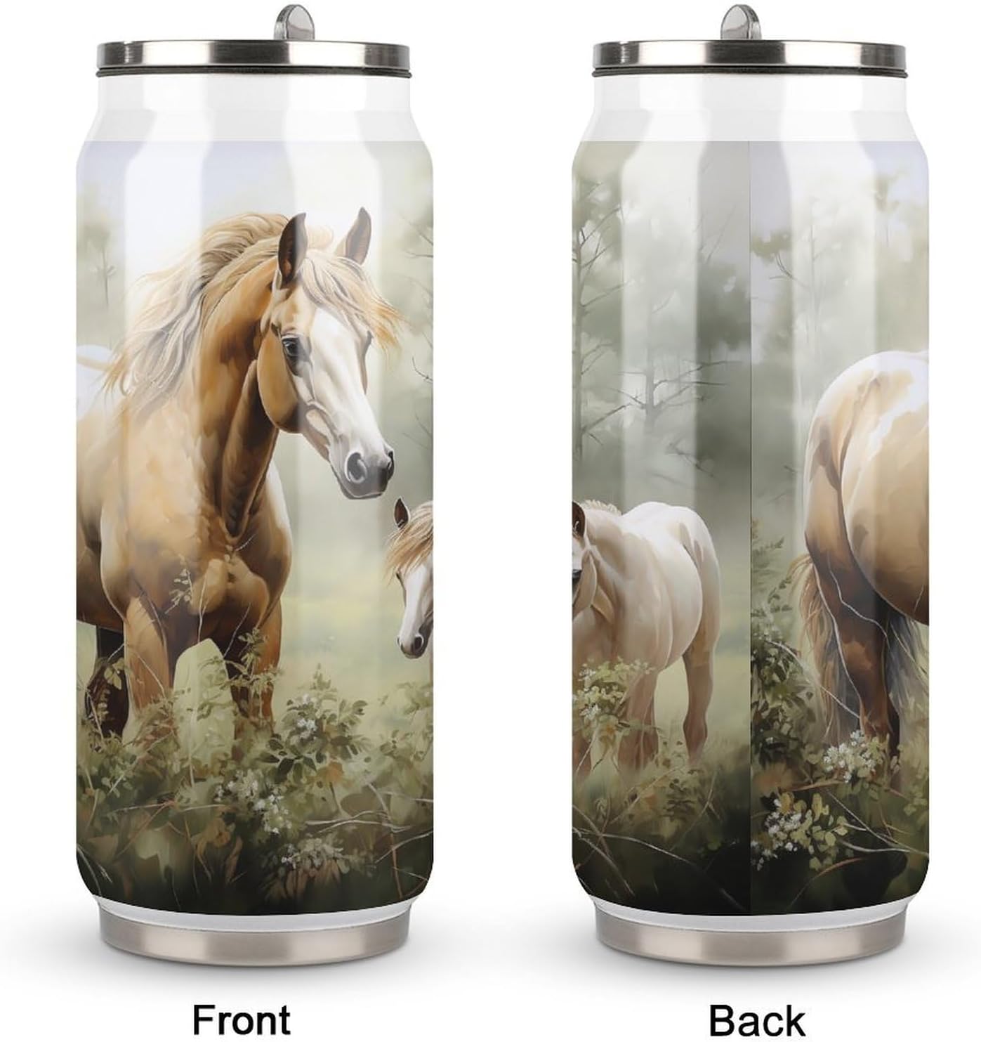 Stainless Steel Cups Animals Embroidery Paintings Horses Printed Coke Cup Stainless Steel Insulated Cups with Lid And Straw