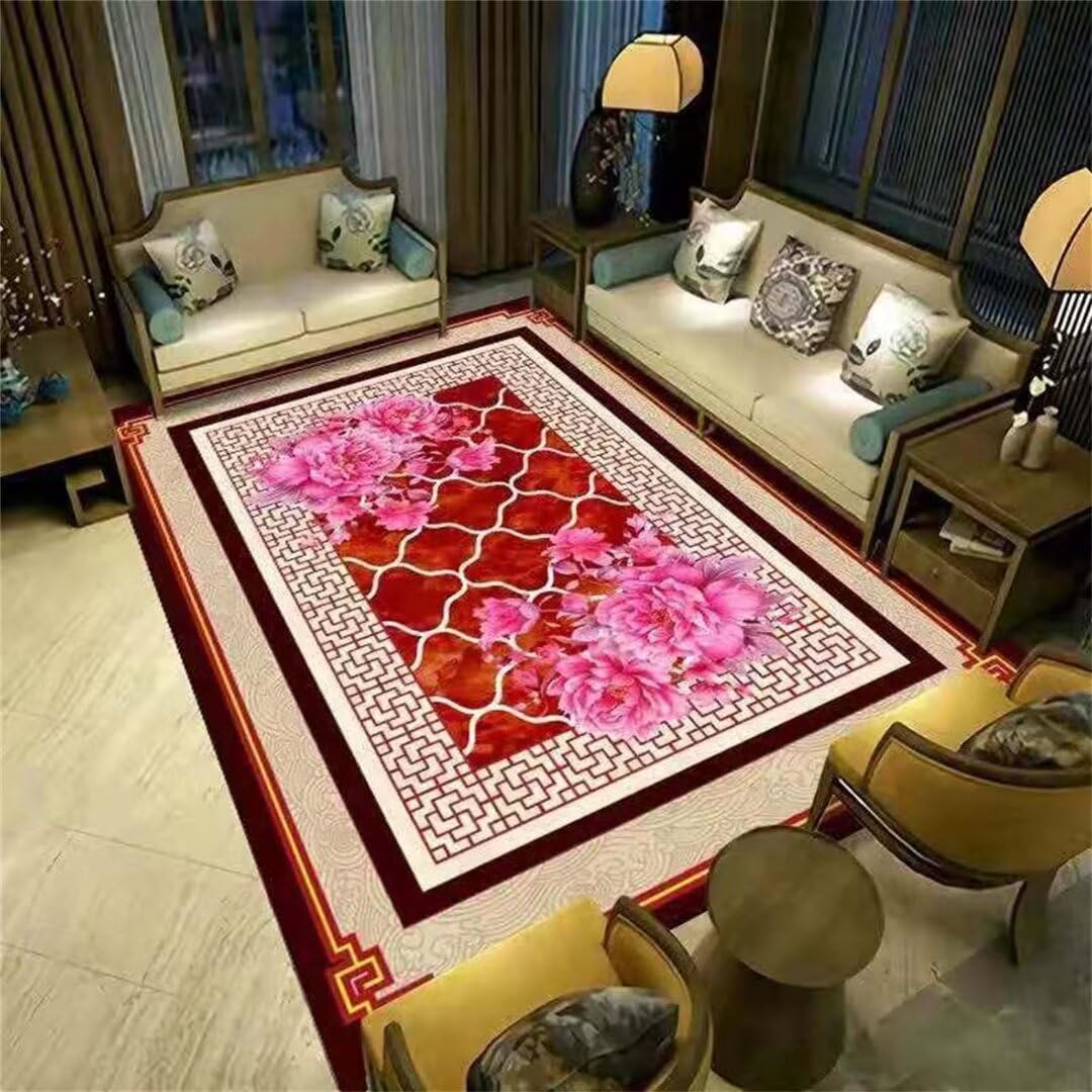 Tapis enfant rouge floral imprimé de salon lavable 120x180 cm grand chien