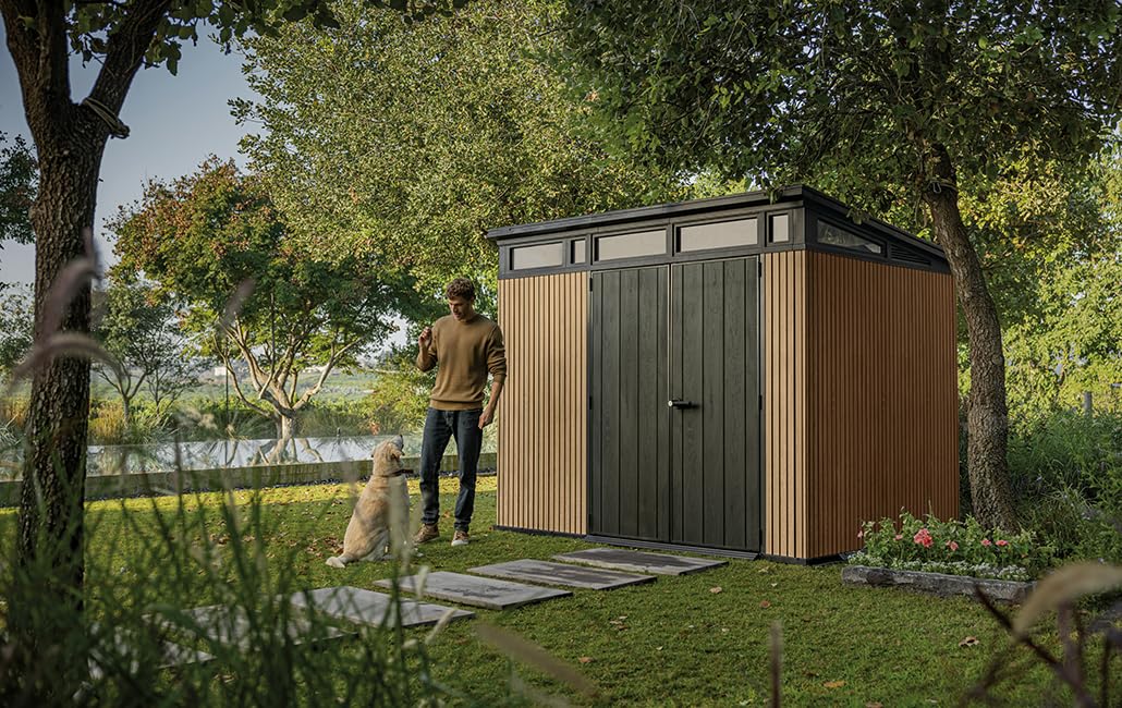 Keter Gartenhaus Pent 9 x 7 Venetianischer Holzeffekt mit Latten, 6 m², 227 x 218 x 226 cm