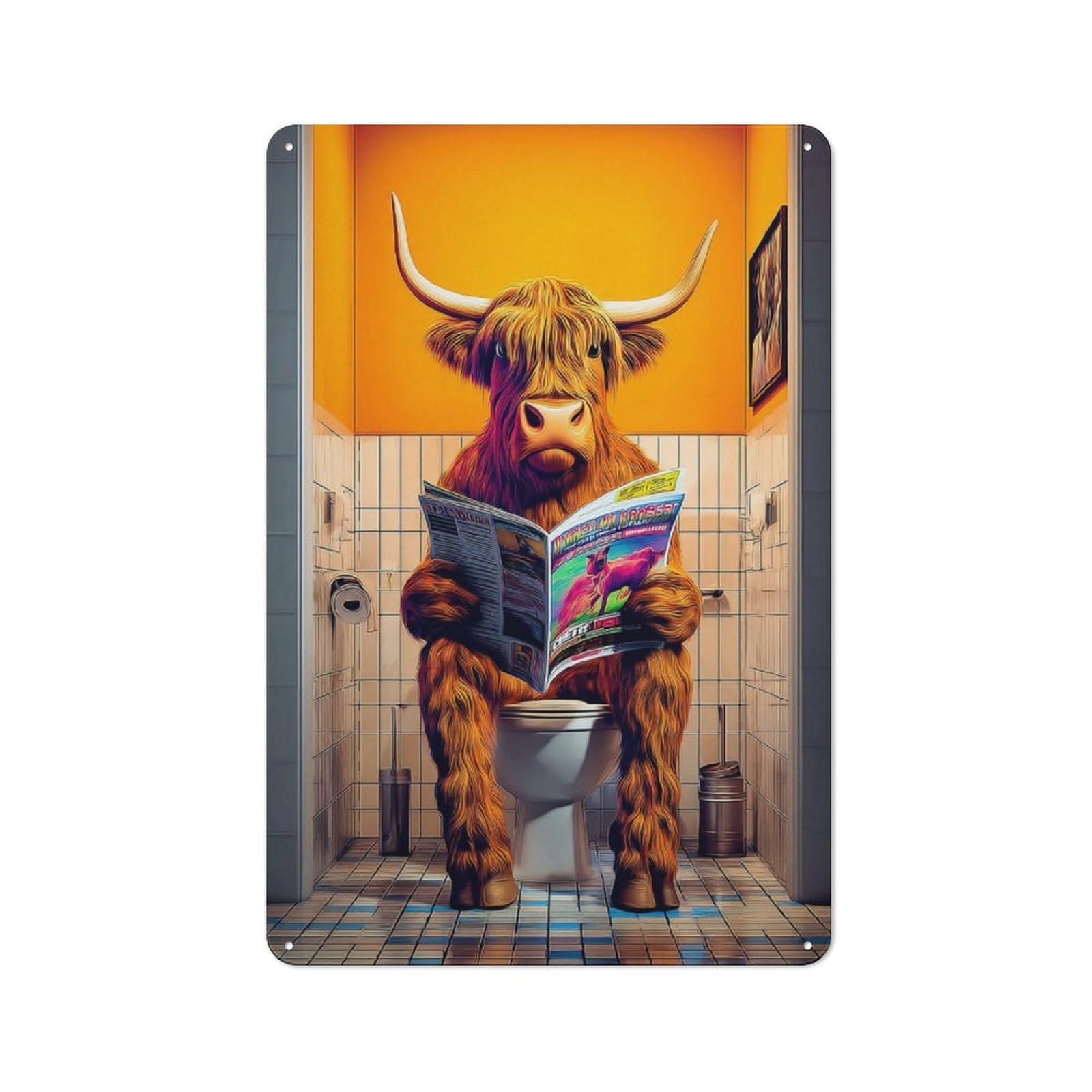 Junmoney Highland Cow Reading Magazine On Toilet -1 Rustic Tin Sign 30X20cm For Living Room Or Hallway, Suited To Living Room Decor Lovers
