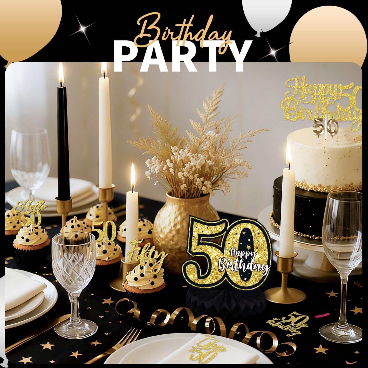 50th Birthday Decorations for Men Women Black Gold, 63PCS Pre-Strung Happy Birthday Banner with Backdrop, Balloons, Centerpieces & Hanging Swirls, 50 Year Old Birthday Party Supplies Decorations