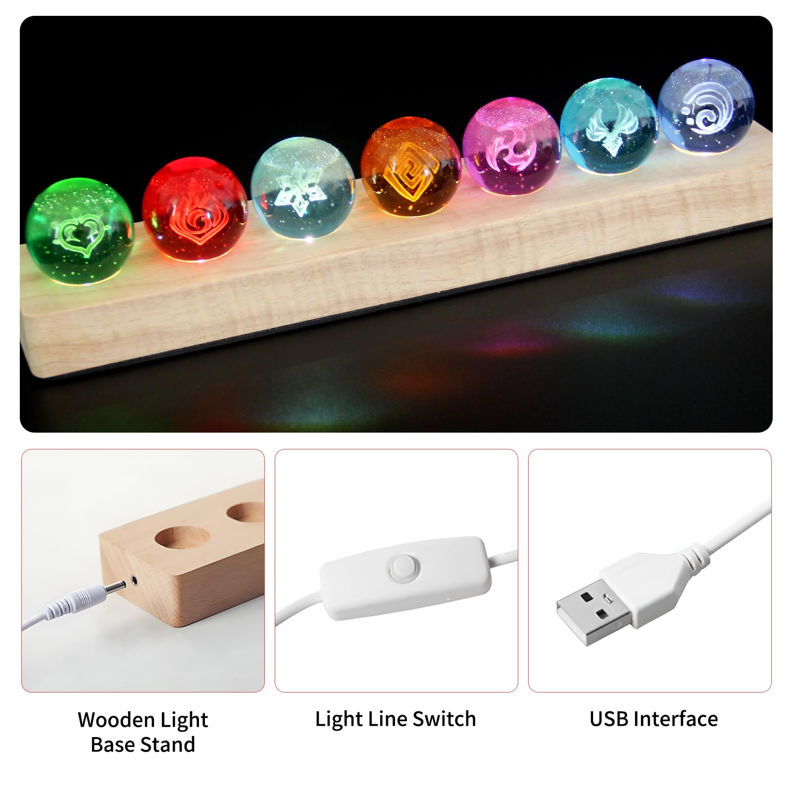 7 Stück Anime Genshin Impact Balls,3D Auge Gottes Kristallkugel LED Nachtlicht,USB 40mm GlasKugel,mit Holzsockel,Hydro/Dendro/Electro/Geo/Pyro/Anemo/Cryo Set Spielele Merch Geschenk (Stil 2)