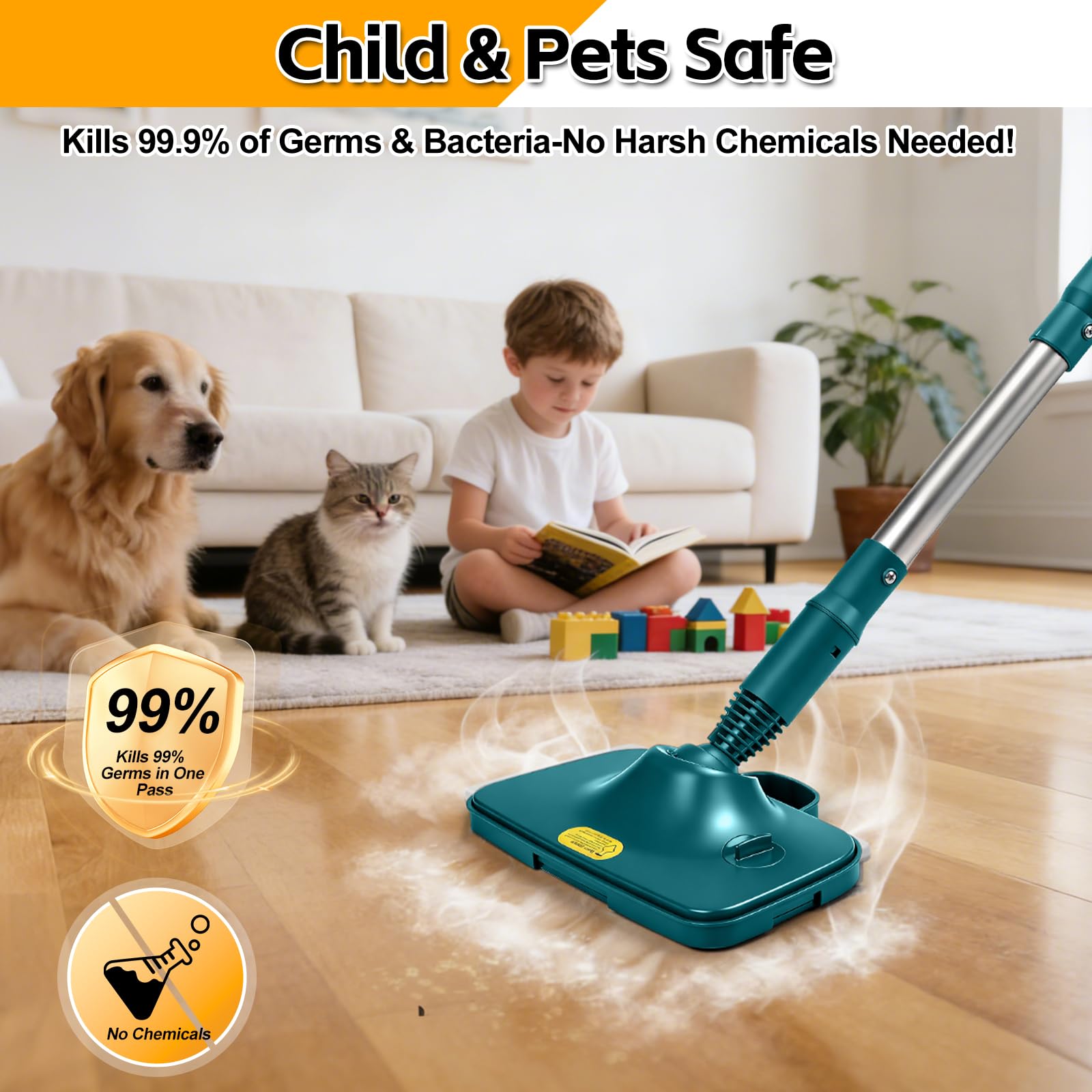 Wielofunkcyjny odkurzacz parowy i mop – 99,9% dezynfekcja, 3 poziomy pary, zbiornik na wodę 300 ml, do twardych podłóg i dywanów, 1500 W (zielony)
