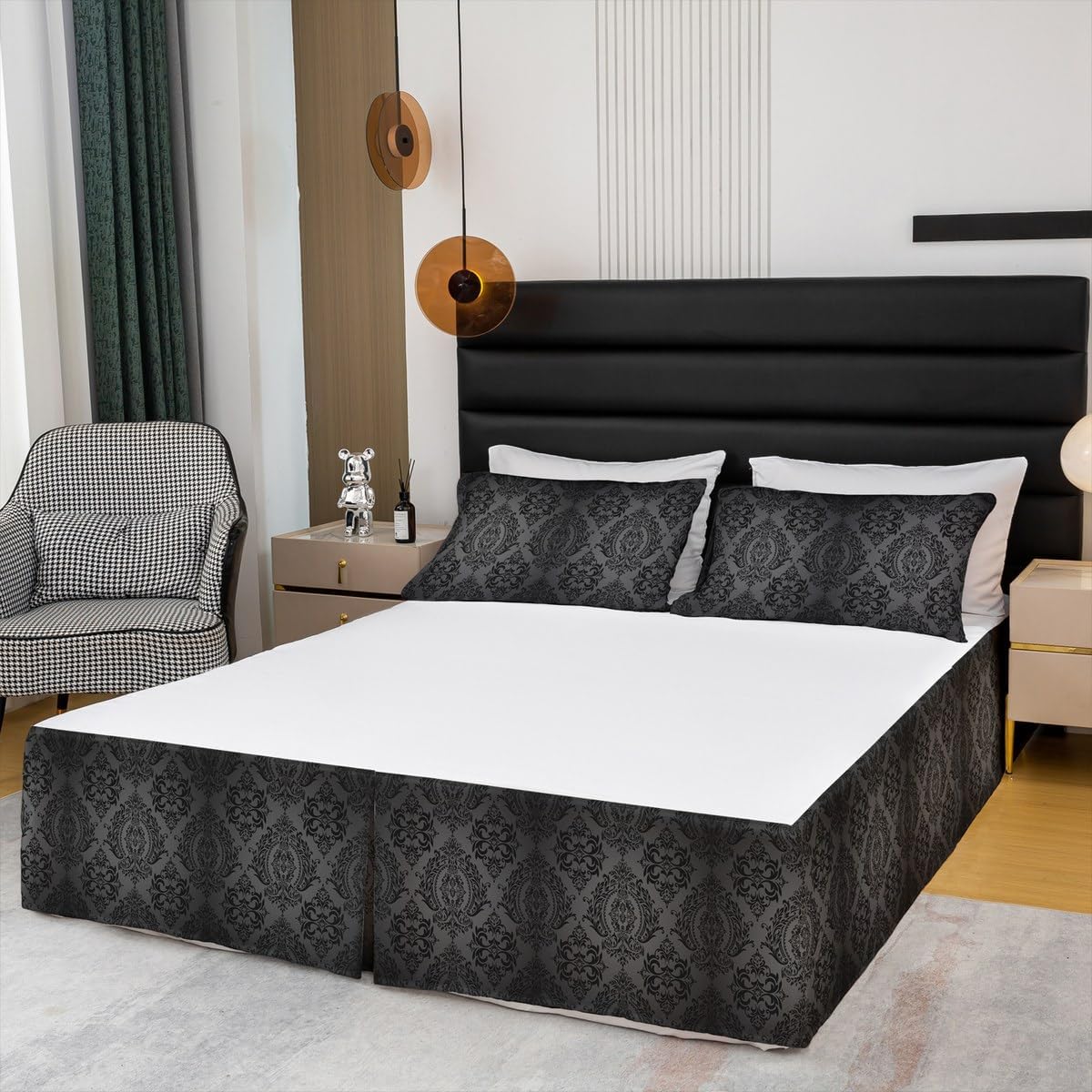 Damask King Size Bed Skirt,Black Grey Soft Quadruple Pleated Ruffle Bedskirt for Kids Boys Girls Teens Bedroom,Damask Pattern Fitted Sheet Floral Printed with 15 Inch Bed Skirts Bedding Decor