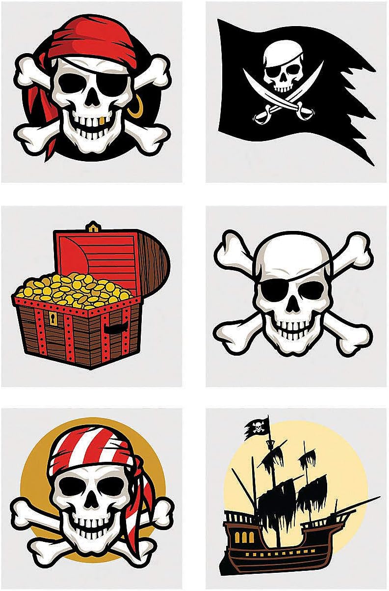 Fun Express Pirate Tattoos | Temporary Tattoo Kids | Costume Apparel Dress Up | Party Accessories | Birthday Favors Supplies Decorations | Pirate Treasure Stickers Tattoo | 72 Pieces