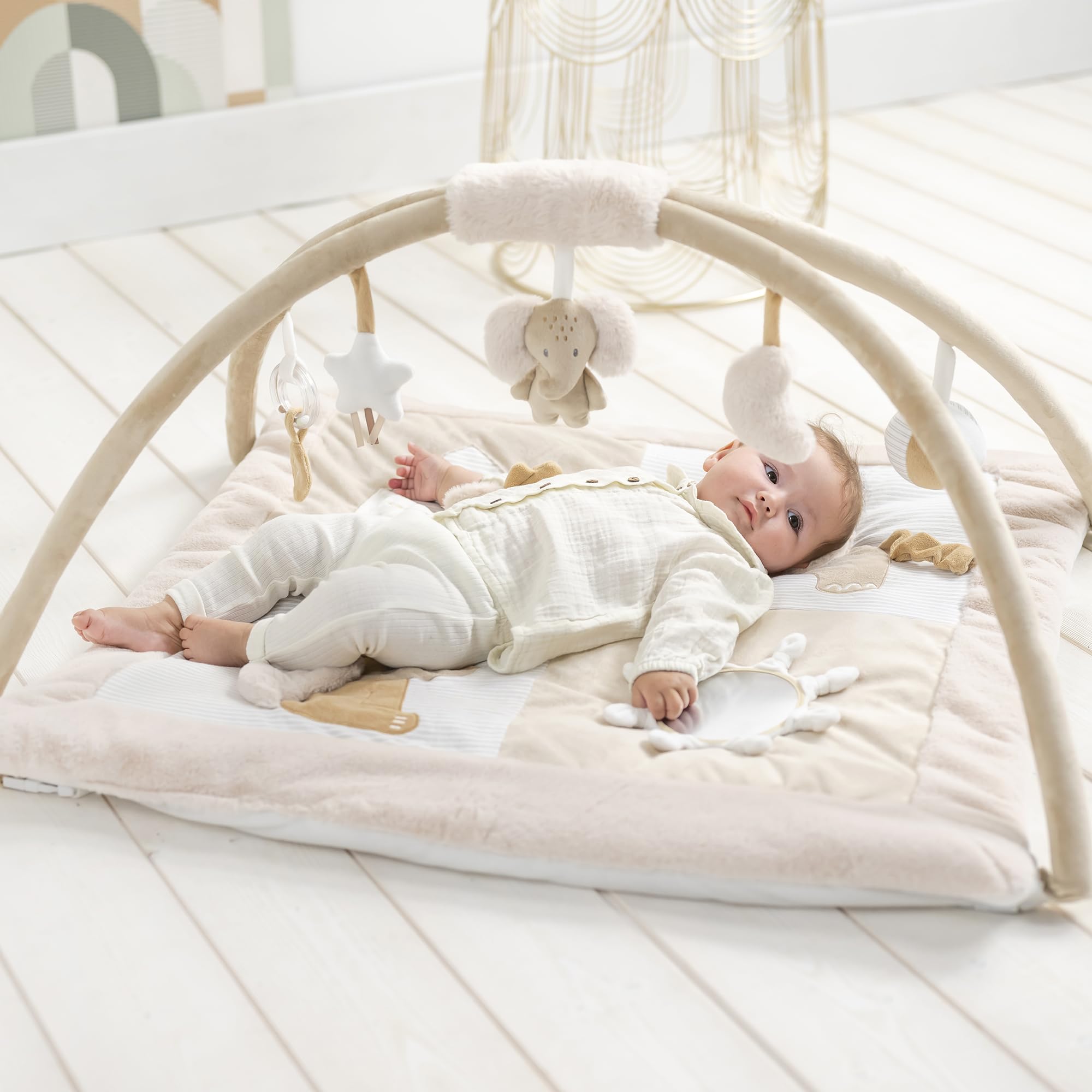 Nattou Krabbeldecke mit Spielbogen und verschiedenen Aktivitäten, Aus Polyester, Ca. 80 cm, Rechteckig, Flo, Oli & Ernest, Flo Beige