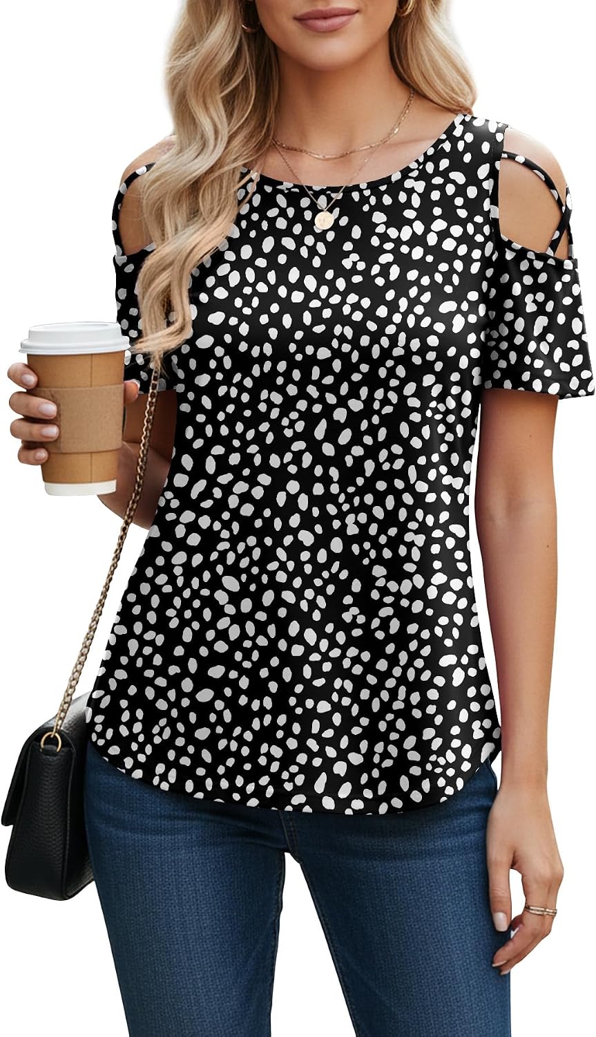 NILOUFO Cold Shoulder Tops for Women Summer Short Sleeve Blouses 1-3 Pack | Blouses for Women Dressy Casual Shirts Open Shoulder Strappy Lightweight Tunic Tops for Work Office Vacation Daily Wear