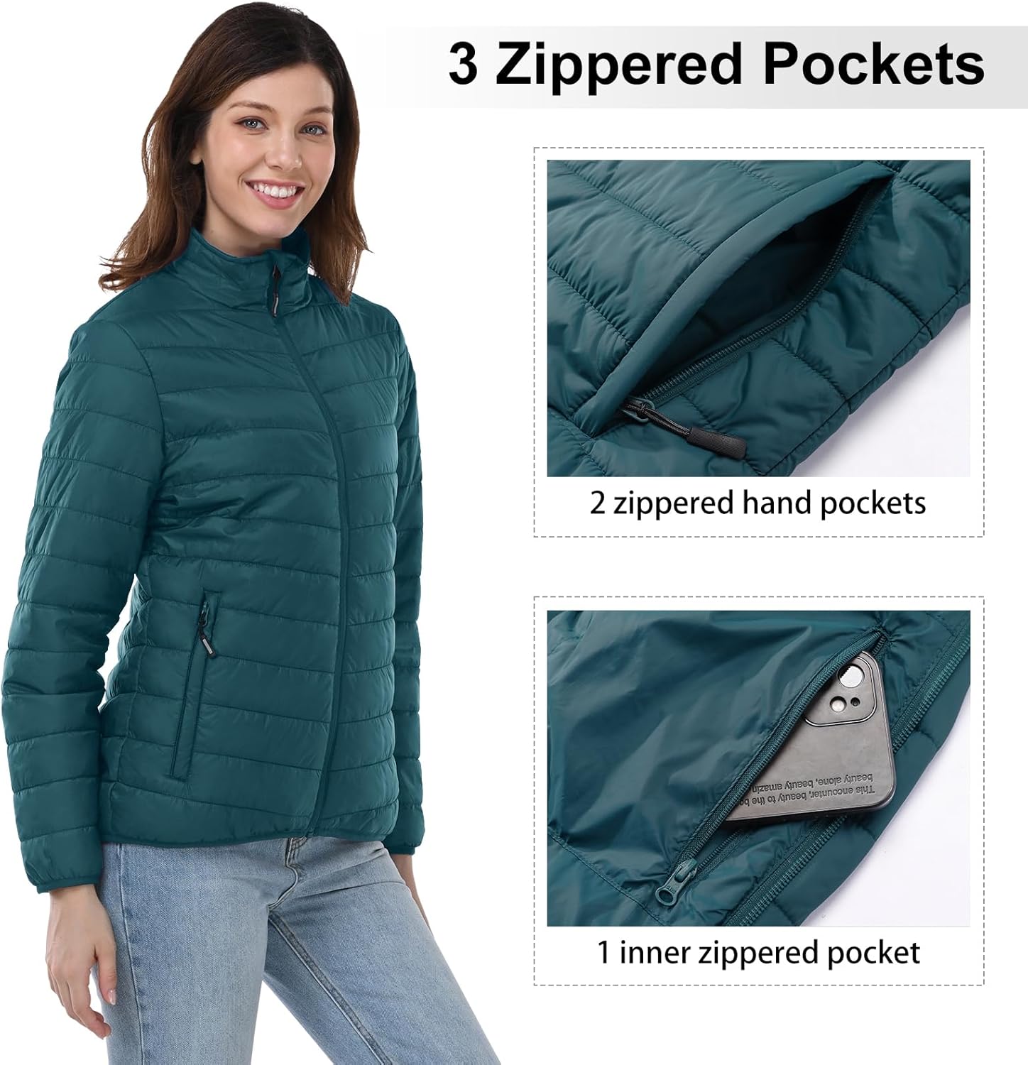 Outdoor Ventures Women's Packable Full-Zip Short Puffer Jacket Insulated Quilted Warm Lightweight Winter Coat - Image 3