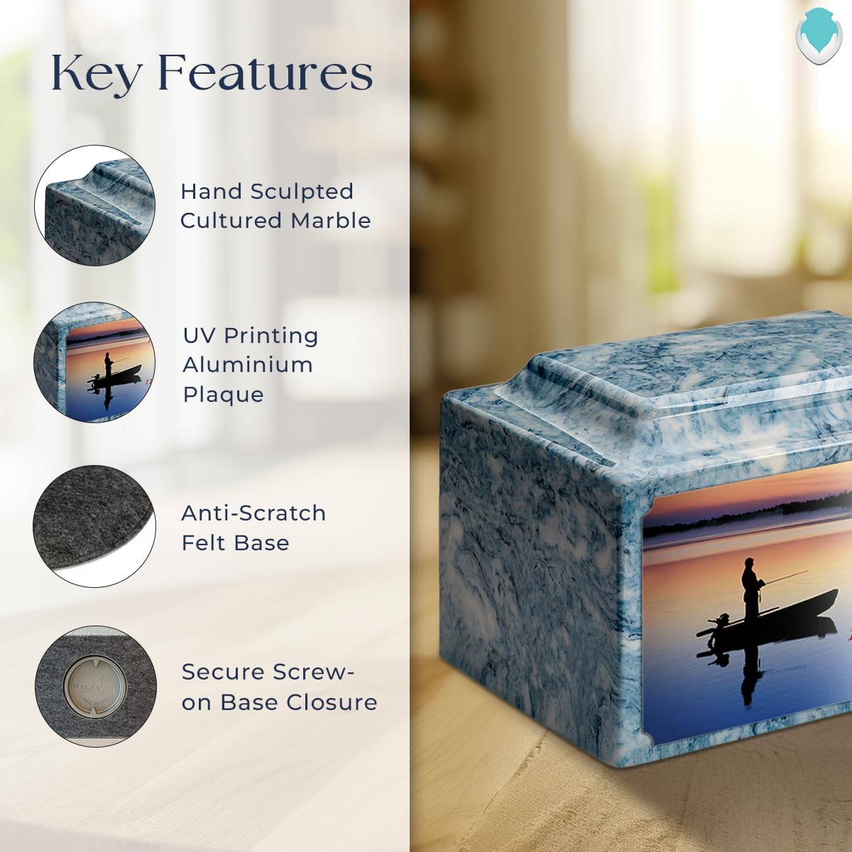 GetUrns Cultured Marble Urn Vault by Mackenzie with Personalized Fishing and Text for Human Ashes I Sky Blue Adult Urns for Male and Female I 210lbs