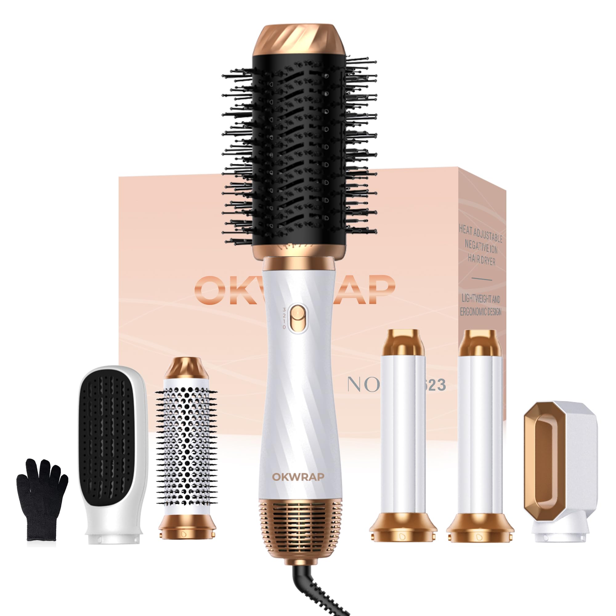 Cepillo Secador De Pelo 6 en 1 OKWRAP Cepillo de Aire Caliente Secador Moldeador Alisador set 6 Cabezales Intercambiables, 3 Temperaturas,Moldeador Pelo With Riza, Da Volumen, Alisa y Seca