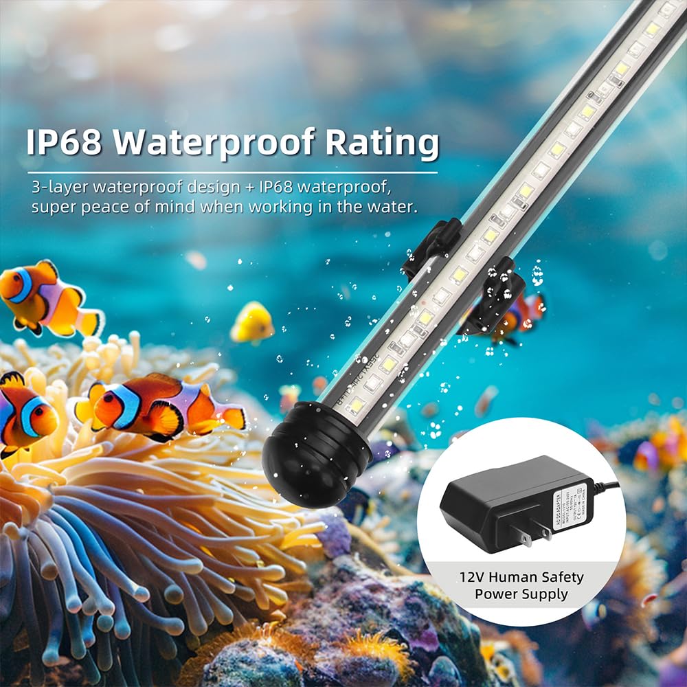 LED Submersible Aquarium Light 4W Underwater Fish Tank Light with Blue White&Blue and White Three Light Modes Timer Automatic On/Off and Dimmer Brightness Adjustable (7.5inch)