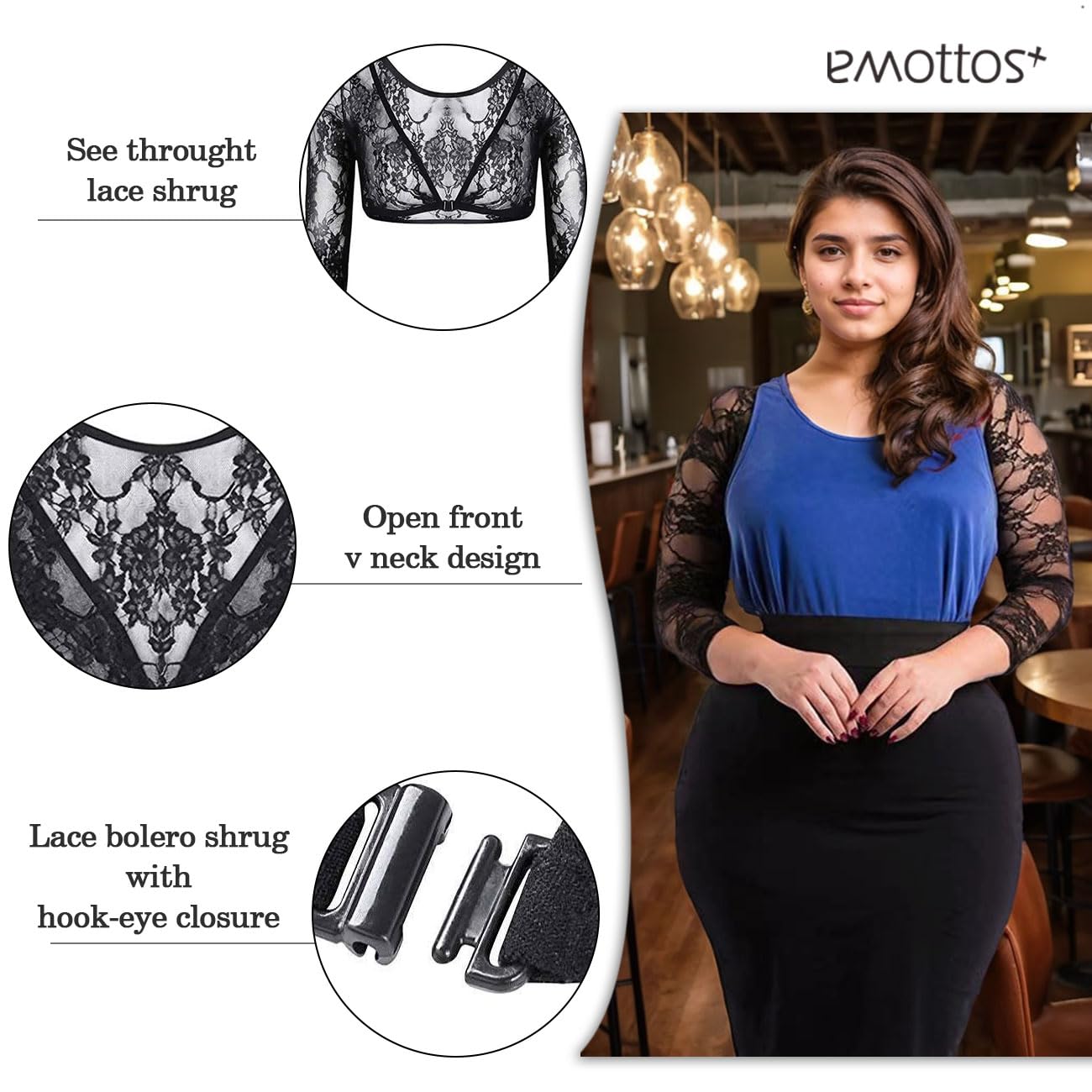 Femmes Dentelle Boléro, Gilet Court Ouvert à Col en V sur Le Devant, Léger Boléro en Maille, Transparente Top avec Fermeture à Crochet, Boléro Floral Sortir Fête pour Robe, Noir, S-XL