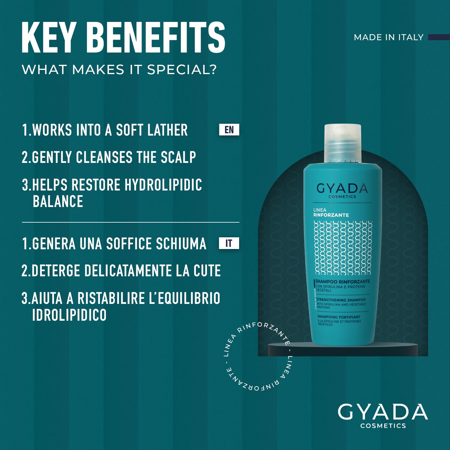 GYADA COSMETICS, Shampooing fortifiant à la spiruline, pour cheveux cassants et clairsemés, à l’action restructurante, stimule la repousse des cheveux, à l’avoine et au ginseng, 250 ml