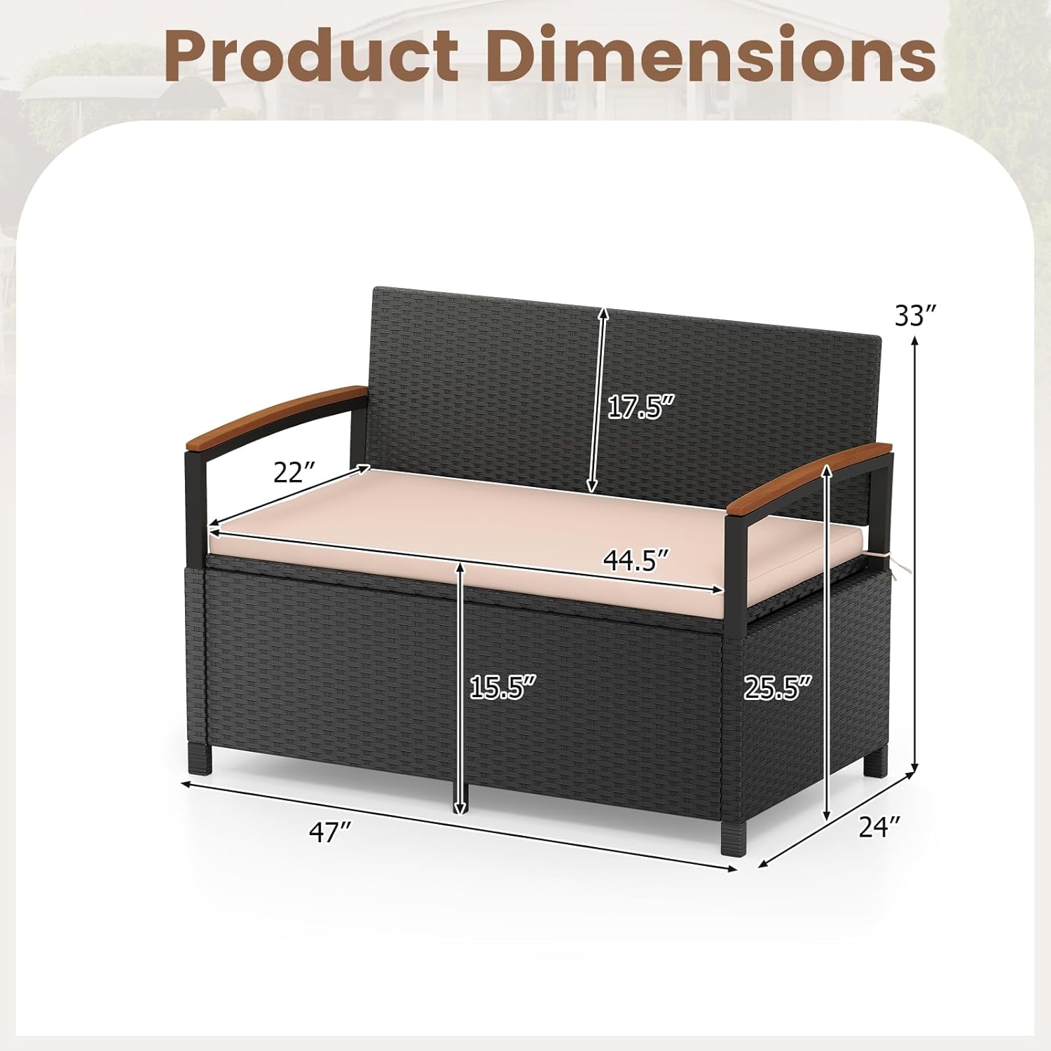 Tangkula 46 Gallon Outdoor Bench with Storage, Outdoor PE Rattan Storage Bench with Cushion, Backrest & Acacia Wood Armrests, Metal Frame, Waterproof Deck Box Seat for Porch Backyard Poolside