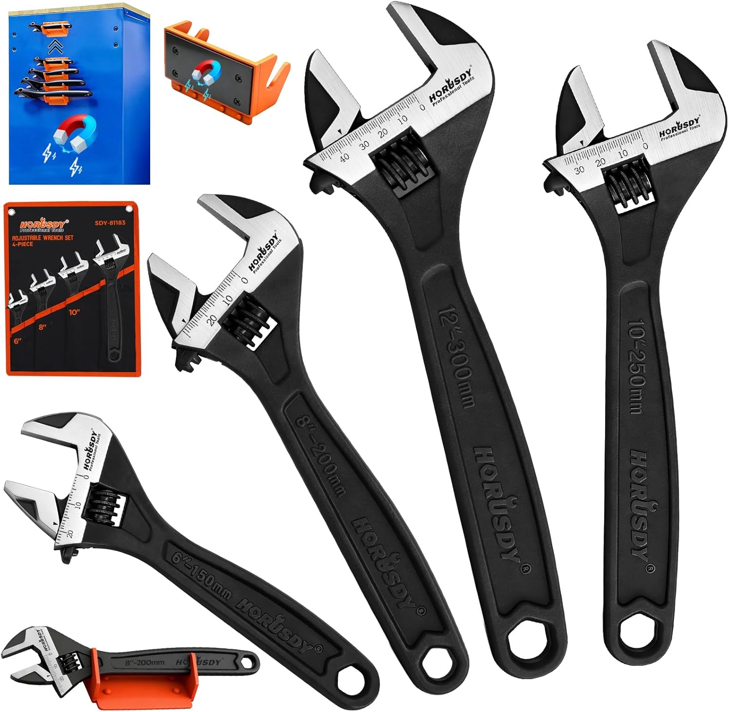 HORUSDY 4-Piece Adjustable Wrench Set With 4-Piece Magnetic Wrench Organizer Racks, 6" 8" 10" Wide Jaw Black Oxide Wrenches with Tool Roll Pouch, Metric&SAE Scales, CR-V Steel for Home Garage Workshop