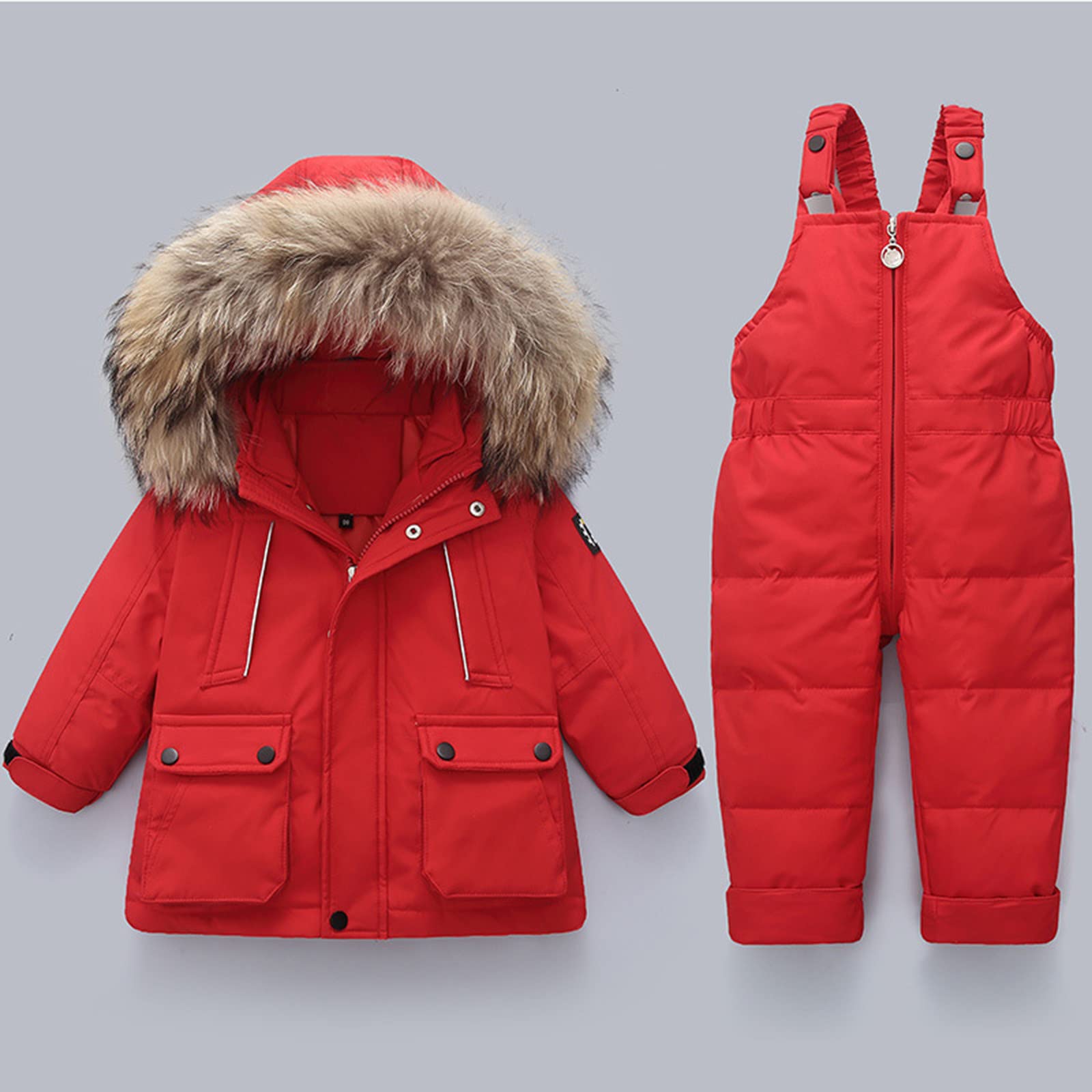 Combinaison de Ski pour Enfant Ensembles de Neige Bébé Doudoune à Capuche Pantalons Salopettes Zippé Fourrure Amovible Veste en Duvet Hiver Chaud Tenue Plein Air pour 1-5 Ans