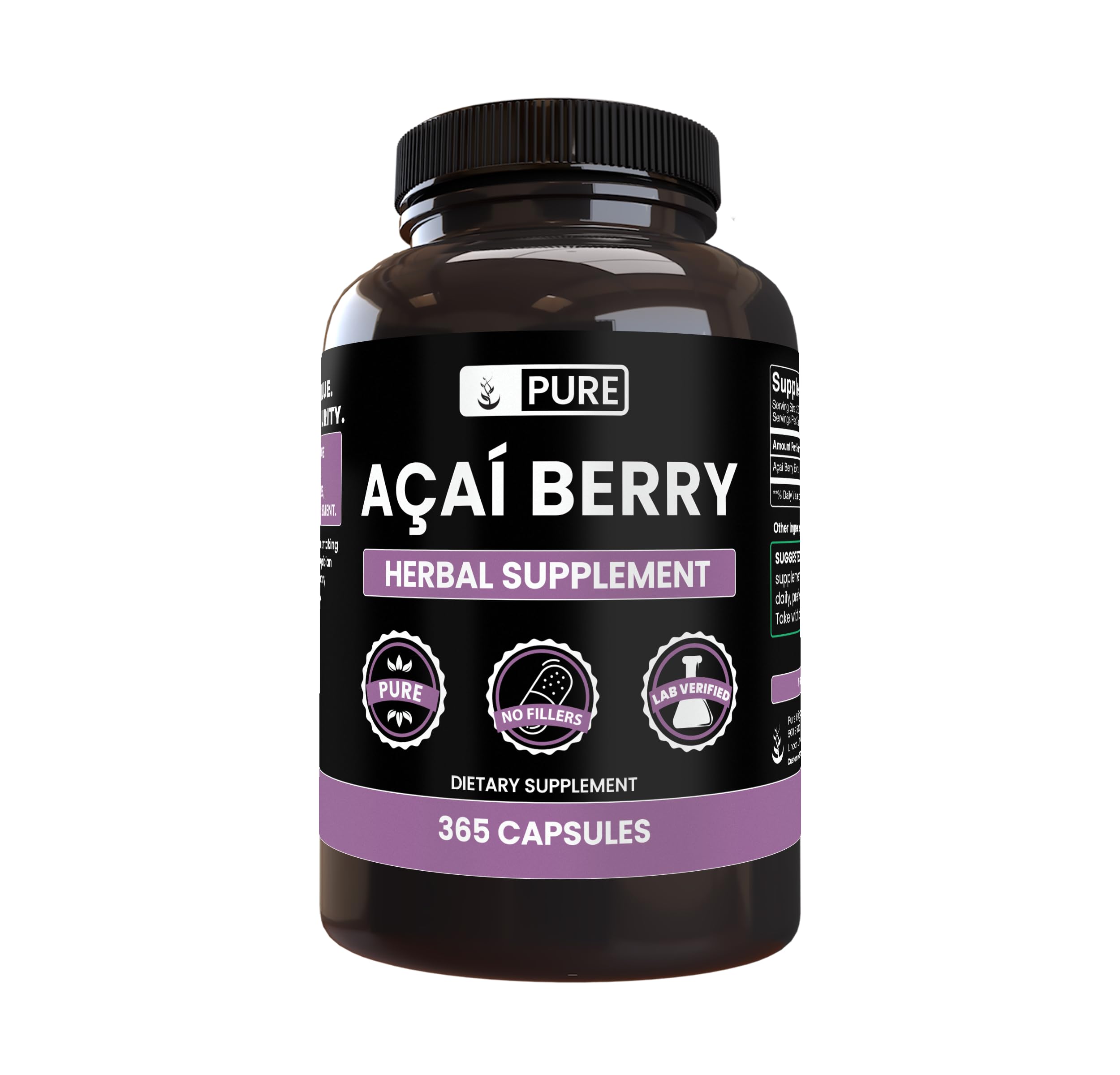 PURE ORIGINAL INGREDIENTS Acai Berry (365 Capsules) No Magnesium Or Rice Fillers, Always Pure, Lab Verified