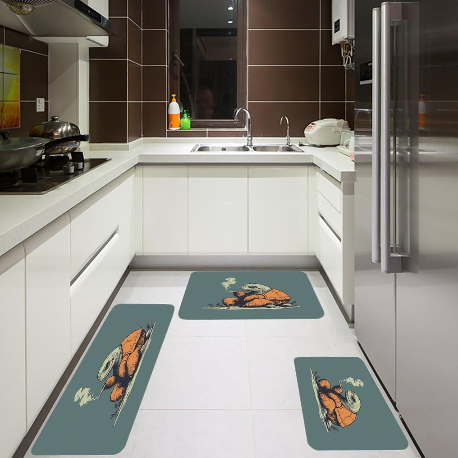 Smoking Turtle Kitchen Rugs Sets of 3 Washable Non Slip Kitchen Rug Water Resistant Carpet Piece Anti Fatigue Kitchen Mats Soft Comfort Standing Mat Modern Area Rug
