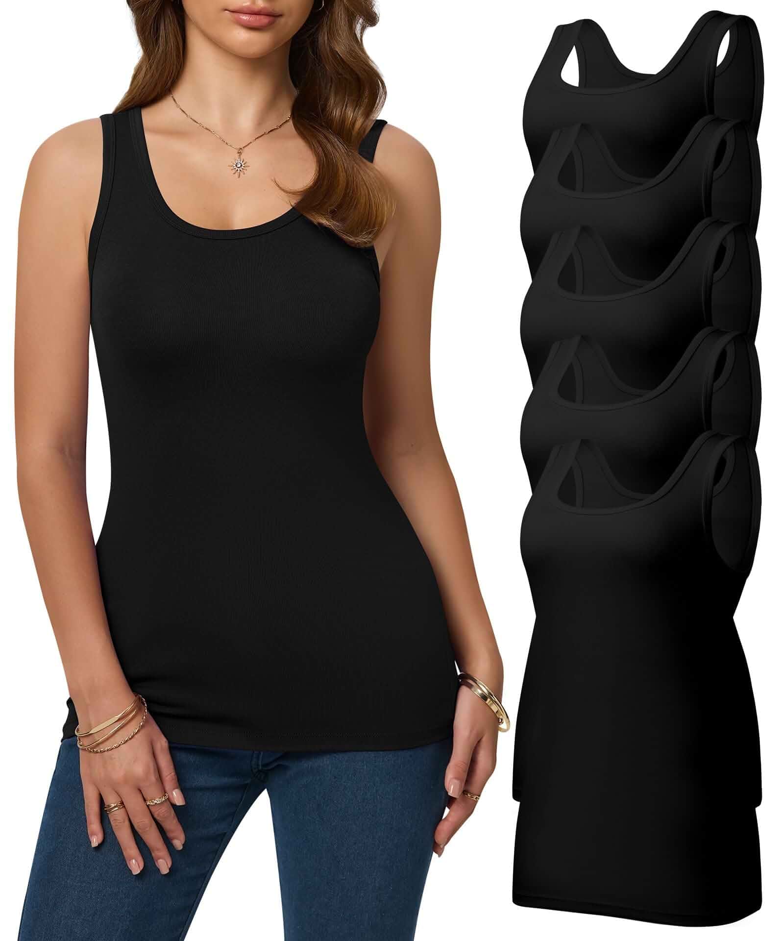 5 Pack Tank Tops for Women Slim Fit Scoop Neck Basic Tanks Cotton Undershirts, Sleeveless Shirts, Wide Strap Layering Top