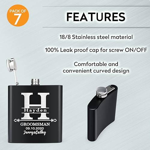 Miniatura 9 de Juego de 6 regalos para padrinos de boda, regalos de padrino de boda personalizados de acero inoxidable de 6 onzas. Frasco personalizado, ideal para