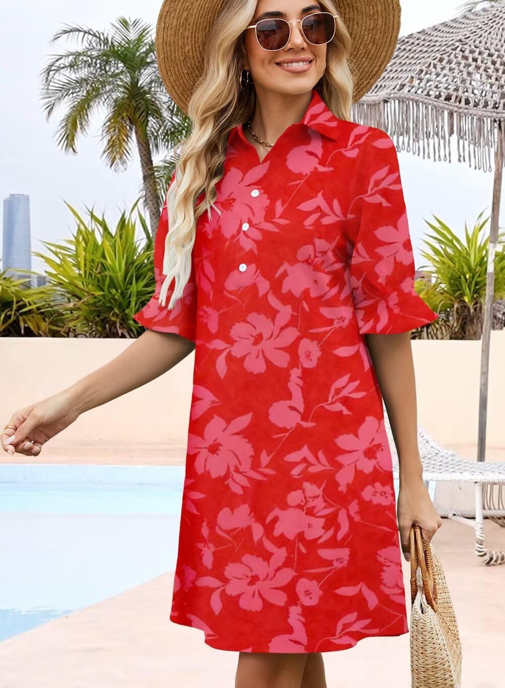 Womens Summer Shirt Dress 2026 Casual Ruffle Short Sleeve Button Down Flowy Swing Shift Mini Dresses with Pockets