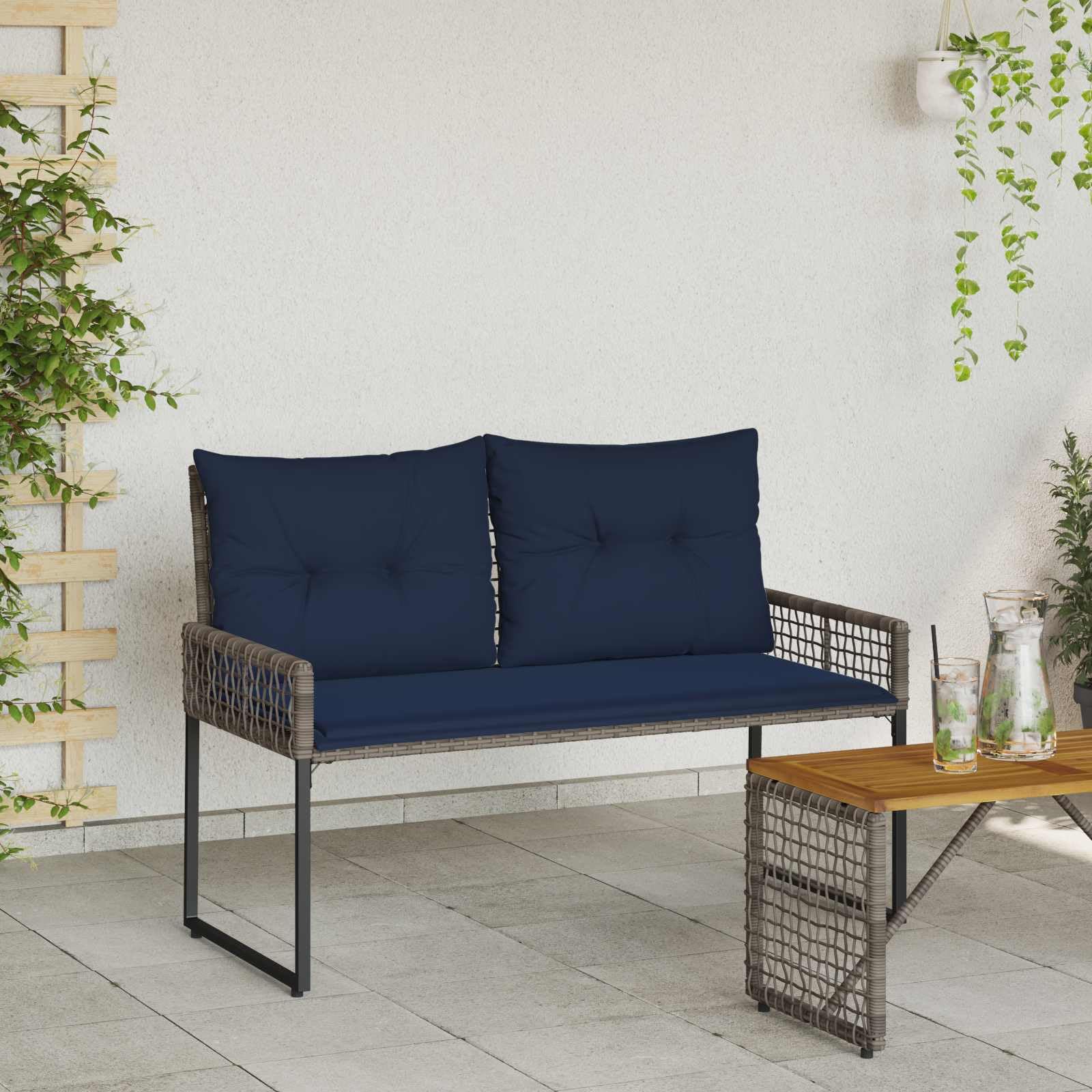 Ławka ogrodowa do użytku na zewnątrz z poduszką, kolor szary, granatowy, z polietylenu, rattan, ławka do siedzenia 118 x 55 x 82 cm, odporna na warunki atmosferyczne, na balkon, taras z