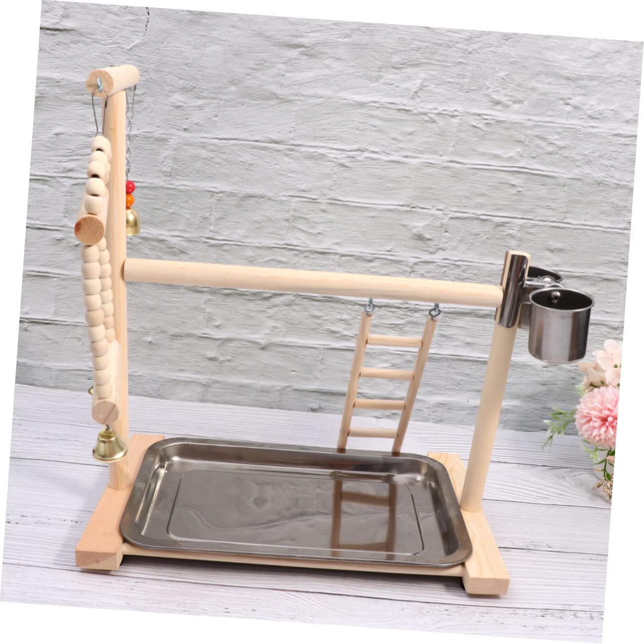 COLLBATH Supporto da Gioco per Pappagalli in Legno Ciotola in Acciaio Inox, per Gabbia o Giardino, Stabile e Resistente Colore Casuale