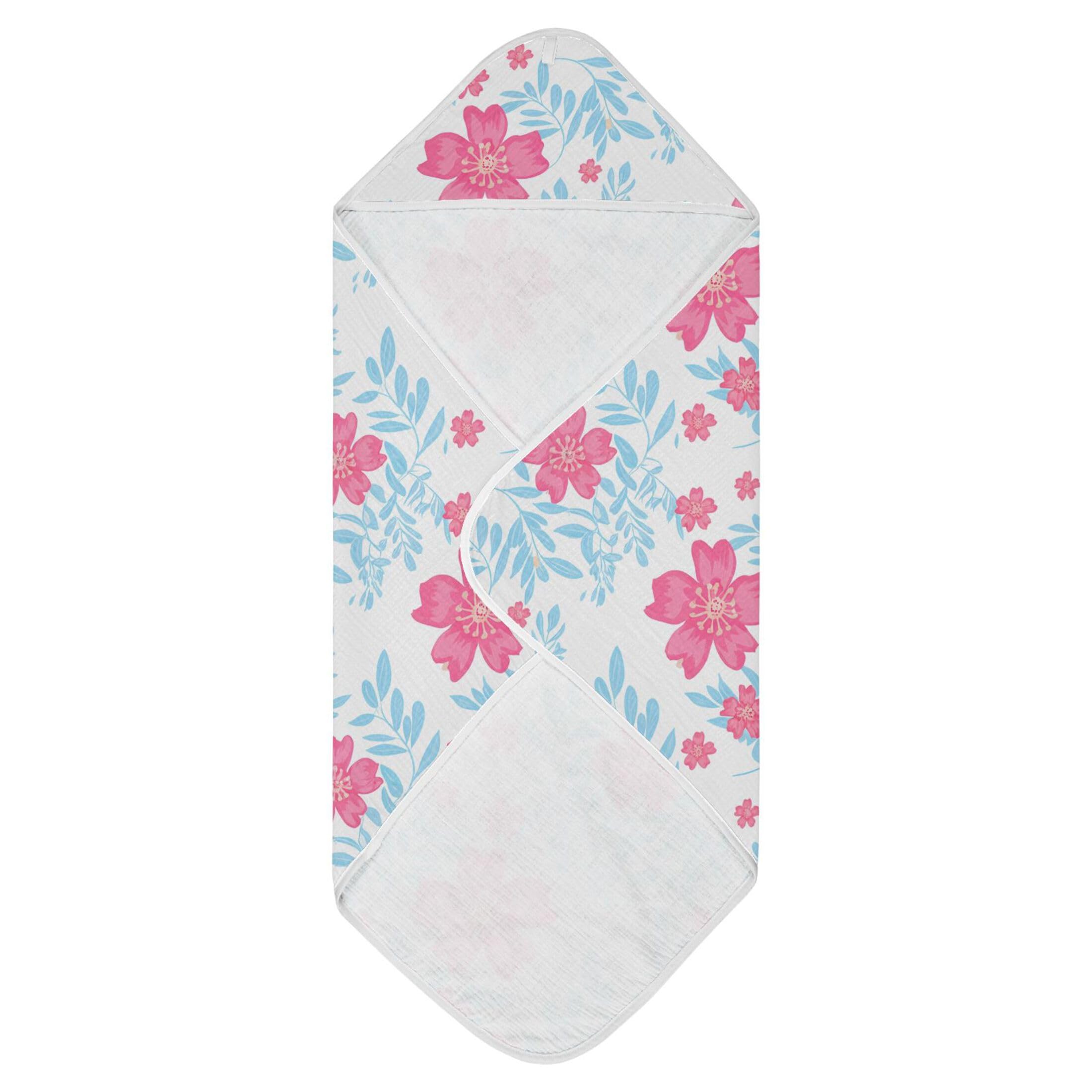 Kigai Baby Hooded Towel Absorbent Baby Bath Shower Towel with Hood for Newborn Boys Girls Babies Infant Toddler (Pink Flowers Blue Leaves 35 x 35 in)