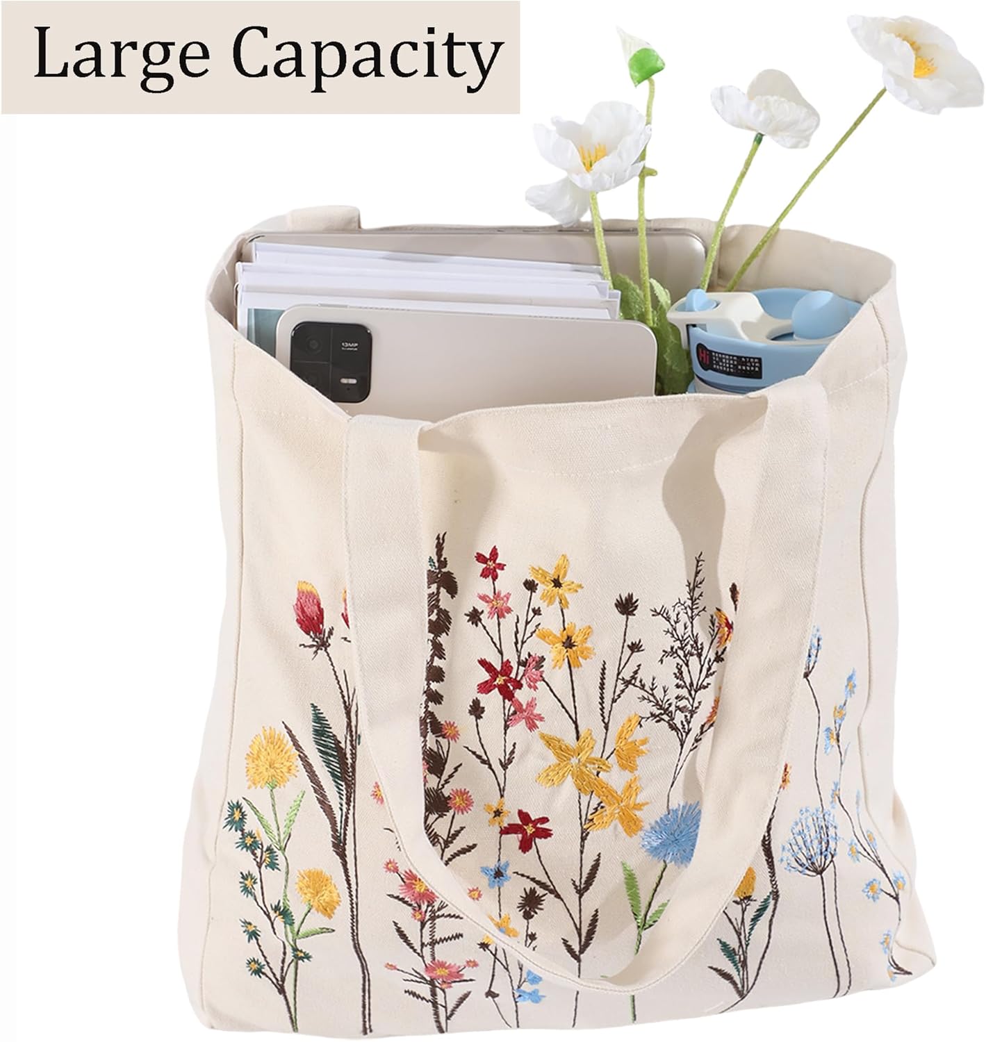 Aesthetic Embroidery Tote Bag for Women Cute Reusable Canvas Shoulder Bag for Shopping Grocery Book Gym - Image 4