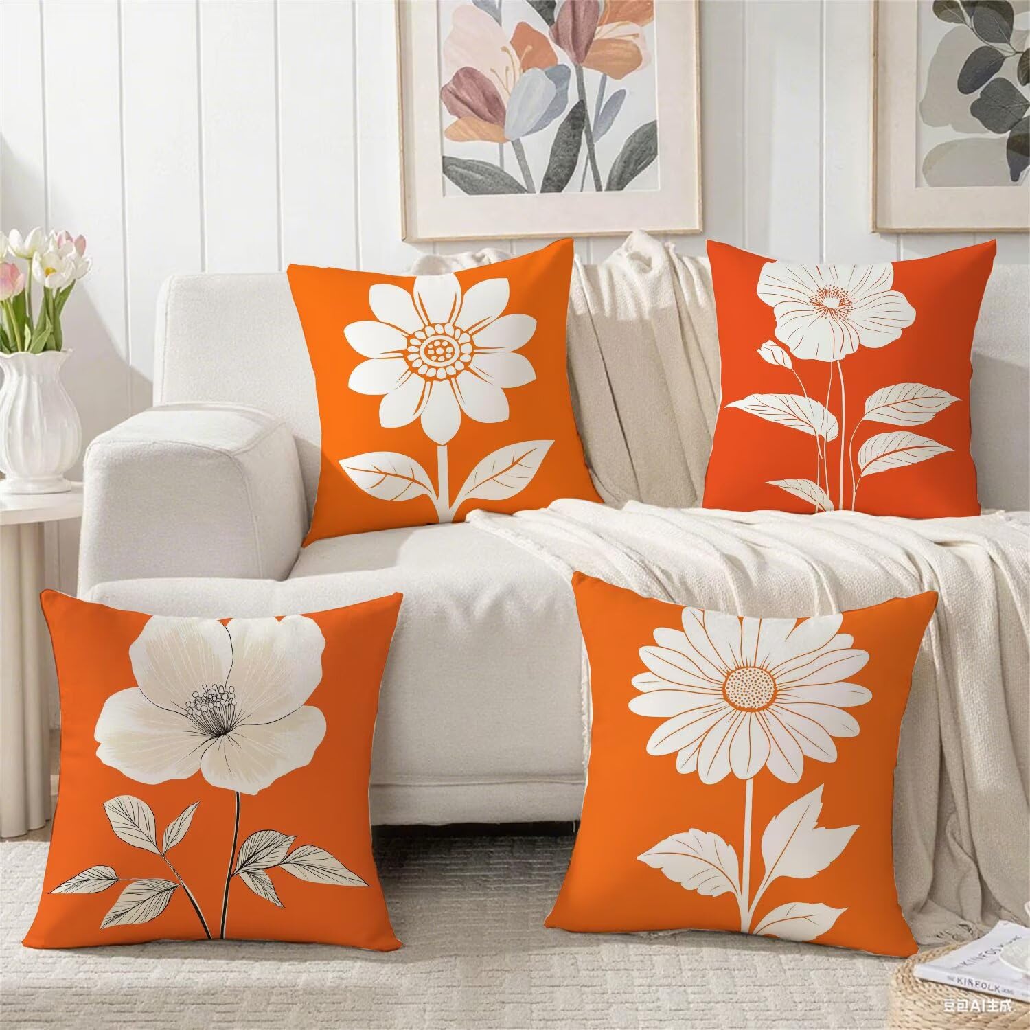 Federa per cuscino da esterno, impermeabile, con fiori arancioni, 65 x 65 cm, in lino, decorativa, quadrata, con stampa su entrambi i lati, cuscino da giardino, per soggiorno, decorazione per la casa