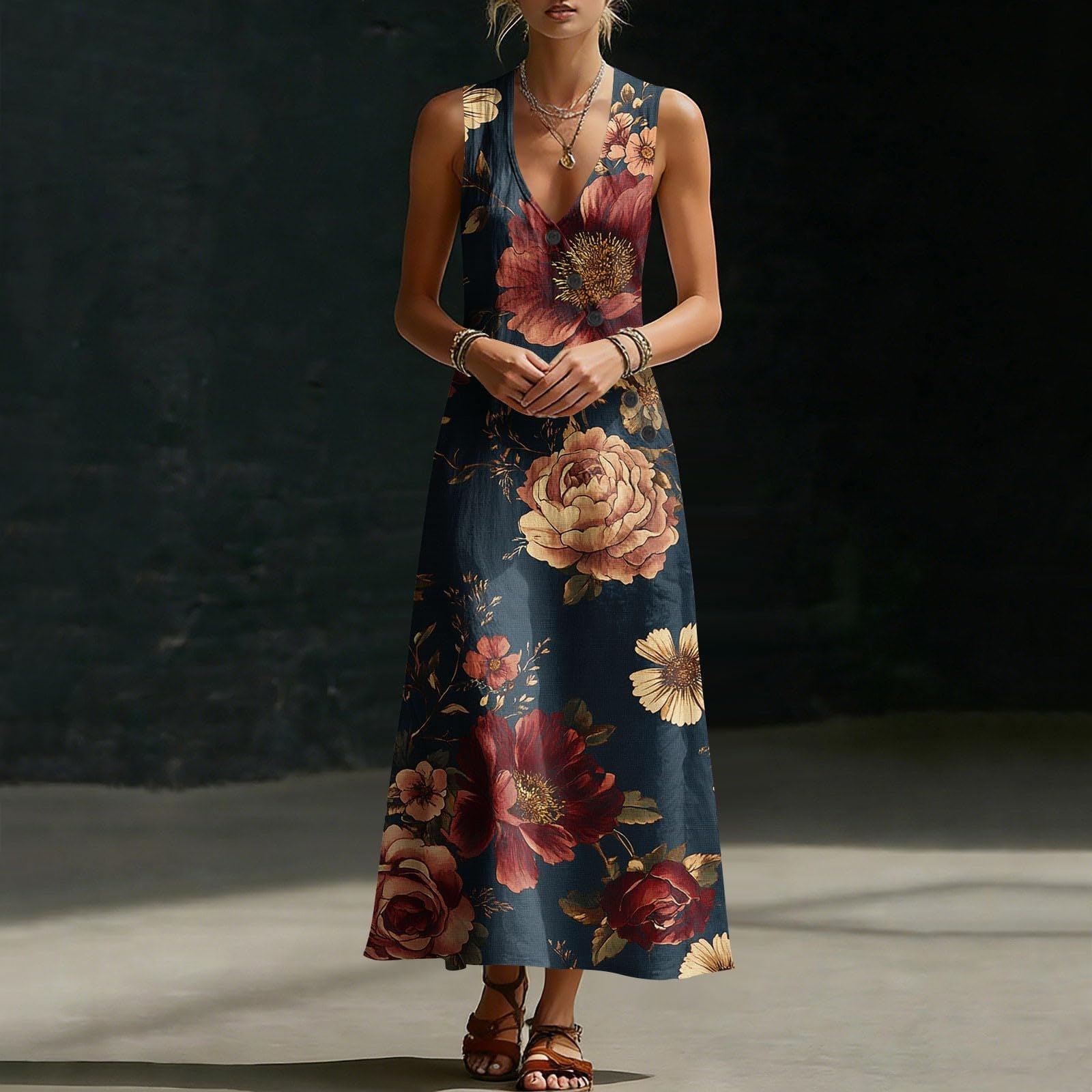 Generico Vestito Floreale Donna Estivo Senza Maniche in Misto Lino Vestiti Mare Boho da Spiaggia Abito Elegante Lungo con Scollo a V e Bottoni Abiti Casual Curvy Leggero per Vacanze Viaggio Uscite,