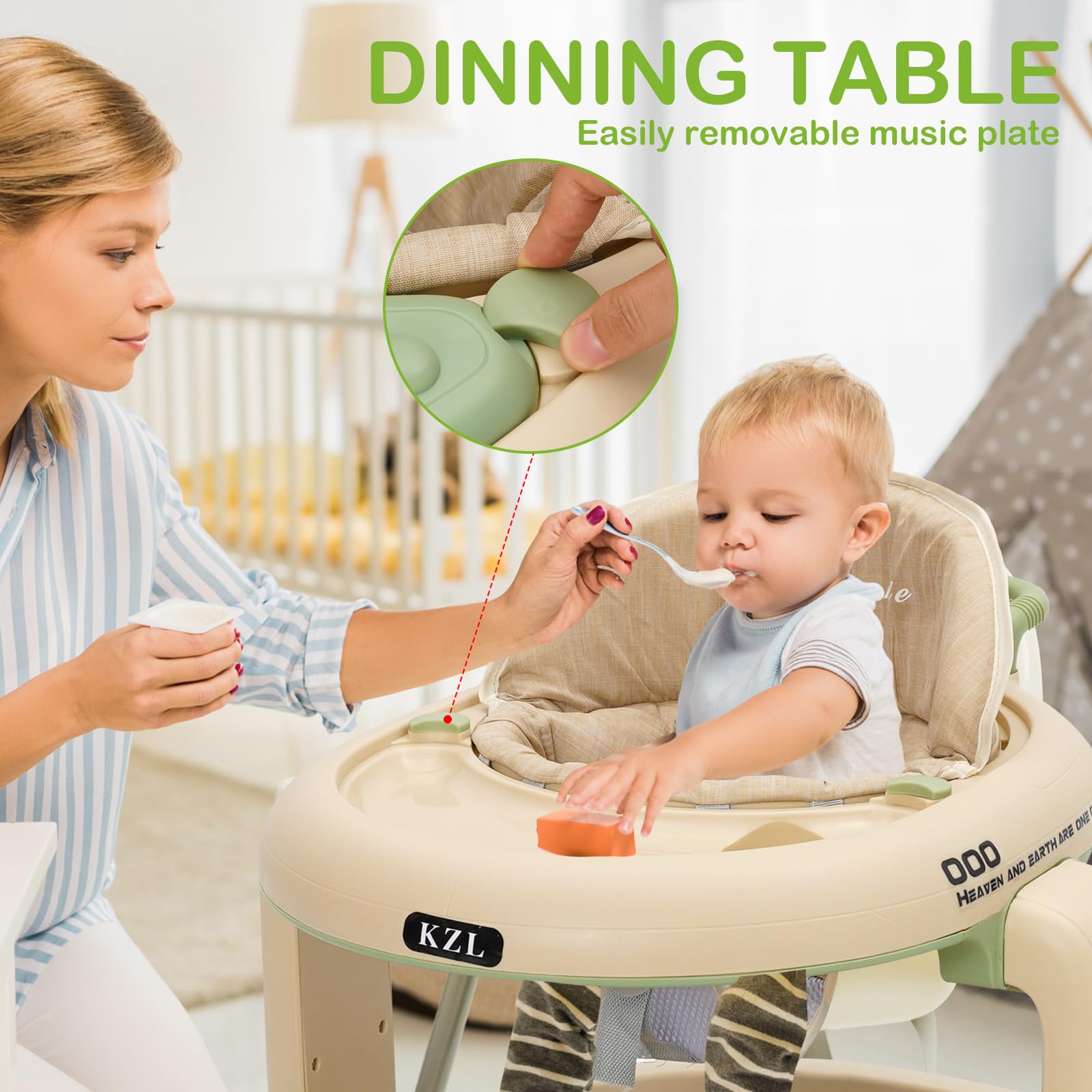 3 en 1 Trotteur Bébé,Babywalker avec 6 Hauteurs Réglables, Trotteur avec Roues Silencieuses à 360°,Plateau Repas et Plateau d'activités Musical Amovible, 6 Mois et plus(Vert)