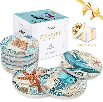Teivio Absorbing Stone Sea Ocean Life Coasters for Drinks, Cork Base with Holder,Coastal Decor Beach Theme Tropical,for Housewarming Apartment Kitchen Bar Decor, For Wooden Table Coffee table,Set of 8