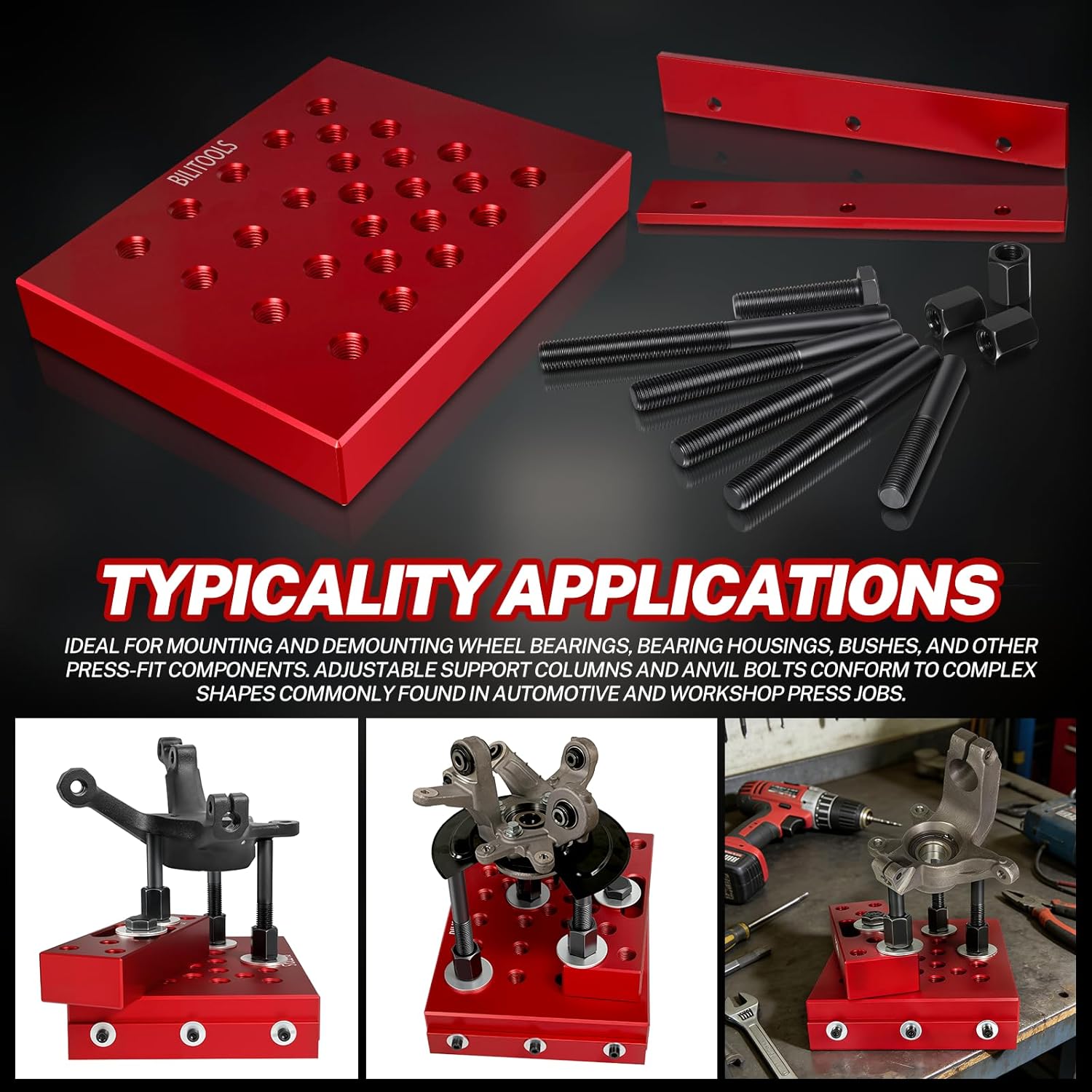 BILITOOLS Universal Press Support Block Plate Kit, 30 Ton Hydraulic Shop Press Plates with Adjustable Support Columns, Bearing & Bushing Removal Installation Tool for Wheel Hub, Suspension Repair