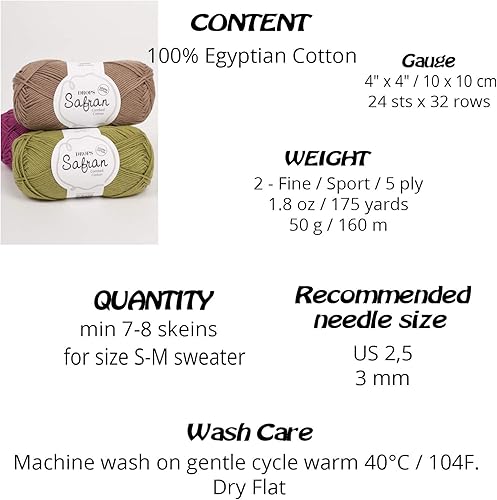 Miniatura 3 de Drops Safran - Hilo de algodón 100% egipcio para tejer y hacer ganchillo, peso deportivo, 2, fino, 5 capas, 1.8 onzas, 175 yardas (71 mazapán)