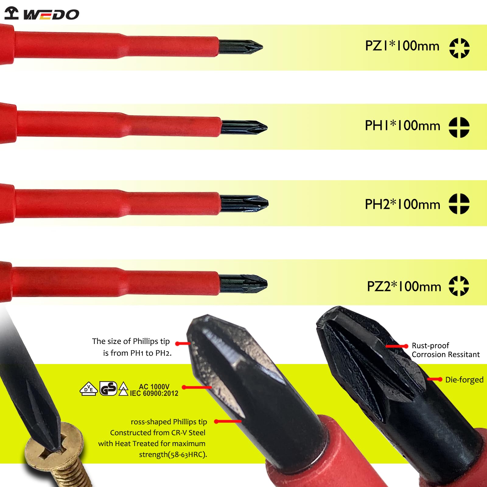 WEDO - 12-częściowy zestaw precyzyjnych wkrętaków izolowanych dla elektryka, 4 śrubokręty szczelinowe, 2 śrubokręty krzyżakowe, Pozidriv i Torx, tester napięcia, stal chromowo-wanadowa, VDE