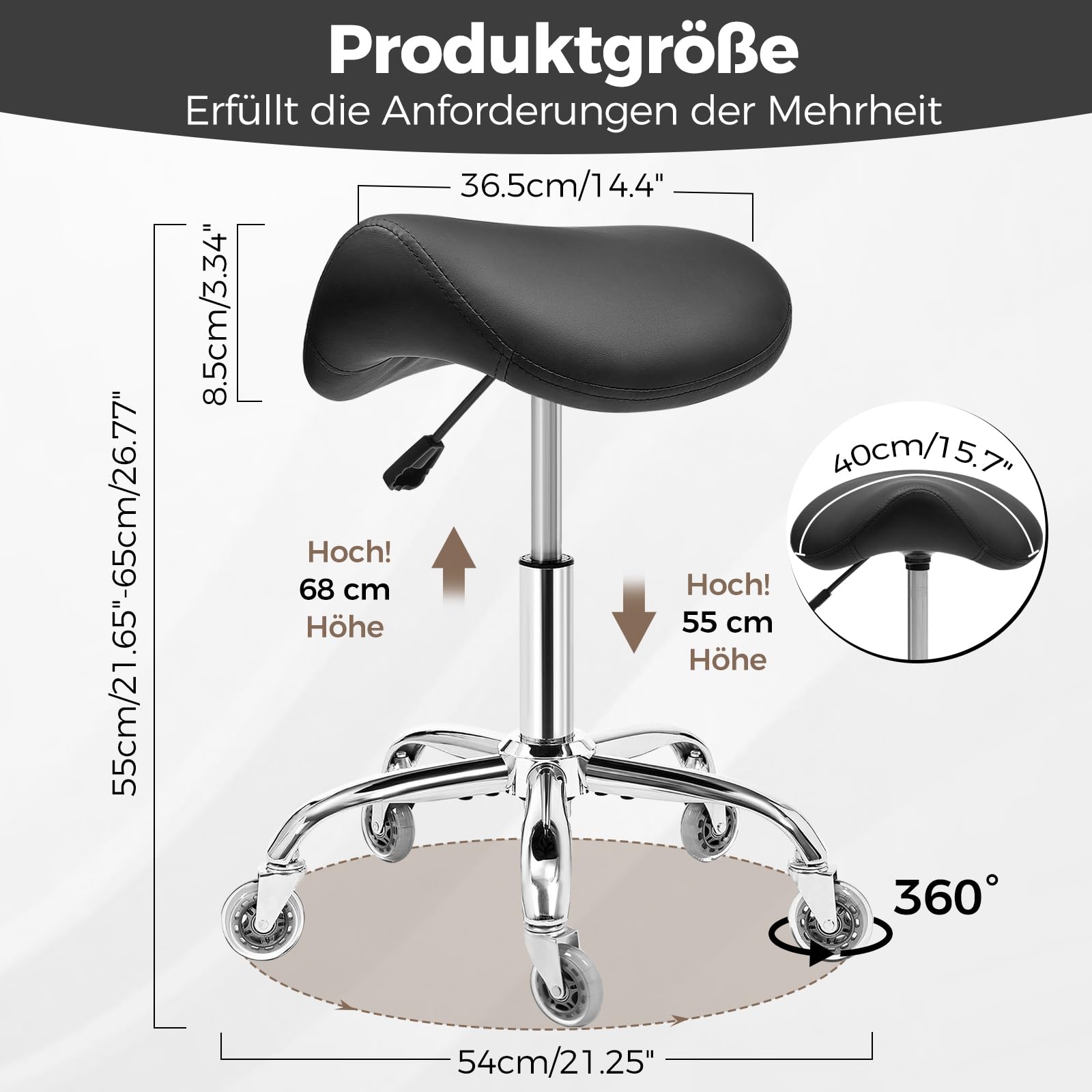BEWISHOME Sattelhocker Höhenverstellbar, Sattelhocker mit Rollen, 360° Drehhocker Rollhocker, Ergonomischer Hocker, Tragfähigkeit 200 kg für Schönheitssalons, Spas Salon und Kliniken (Schwarz)