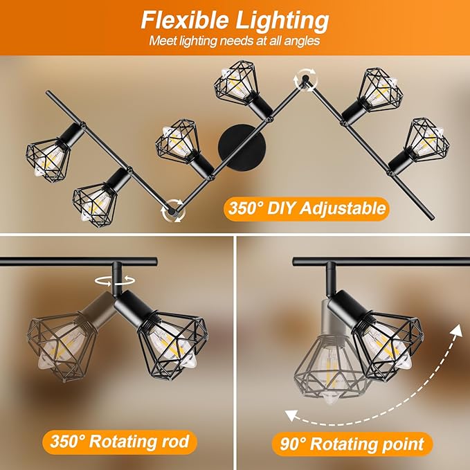 GeyouLux Industriële plafondlamp, spots, met fitting E14, plafondspots, plafondlamp, 6 ledspots, draaibaar, voor binnen, keuken, slaapkamer, woonkamer, hal, galerij, max. 30 W (zonder lamp) photo 2