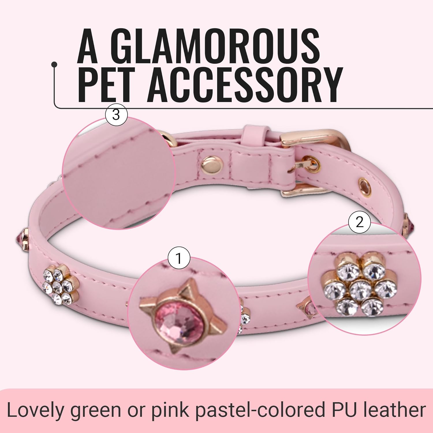 PU Leather Rhinestone Dog Collar - Soft Padded Pink Bling Dog Collar with Diamond Crystals & Metal Flowers for Female Dogs & Cats – Comfortable and Stylish for Walking & Running - XS