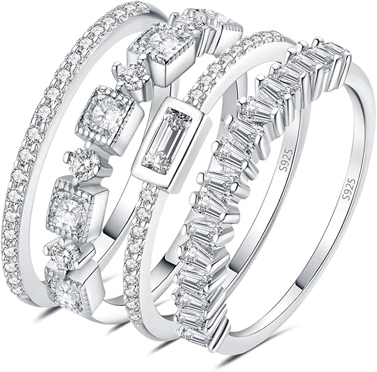 JewelryPalace Princess Emerald Cut CZ Stackable Wedding Ring Eternity Bands for Women, Cubic Zirconia 925 Sterling Silver 14k Yellow Rose Gold Plated Promise Ring for Her, 4pc Anniversary Ring Sets