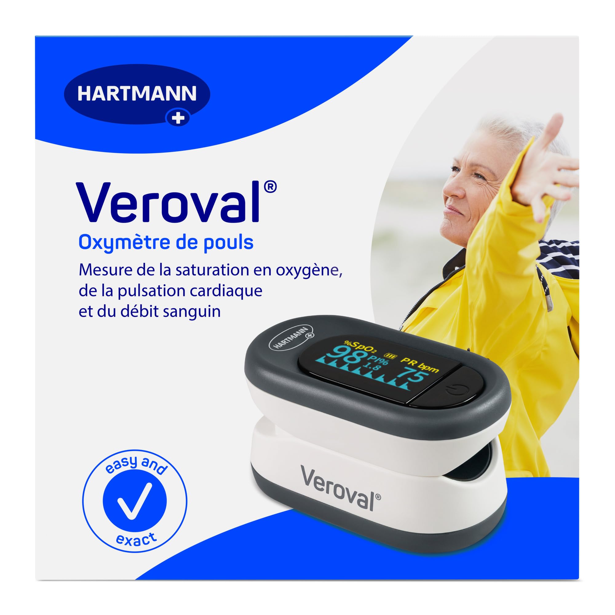 Veroval Oxymètre de Pouls - Mesure de la Saturation en Oxygène, de la Fréquence Cardiaque et du Débit Sanguin au Niveau du Doigt - Ecran OLED Premium - 1 Pièce